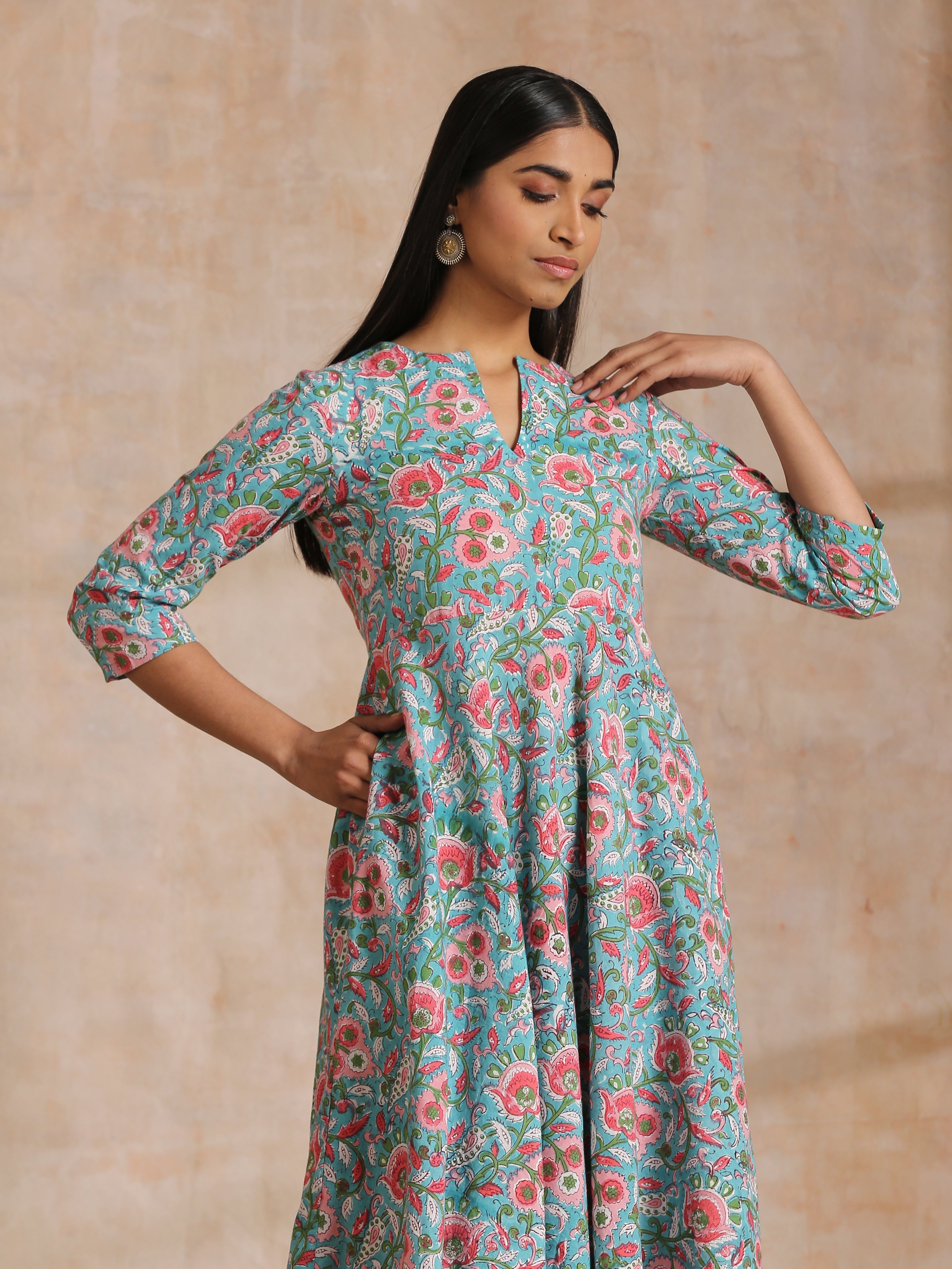 trueBrowns Turkish Blue Overall Floral Block Print Cotton Flared Kurta Pant Set - Distacart