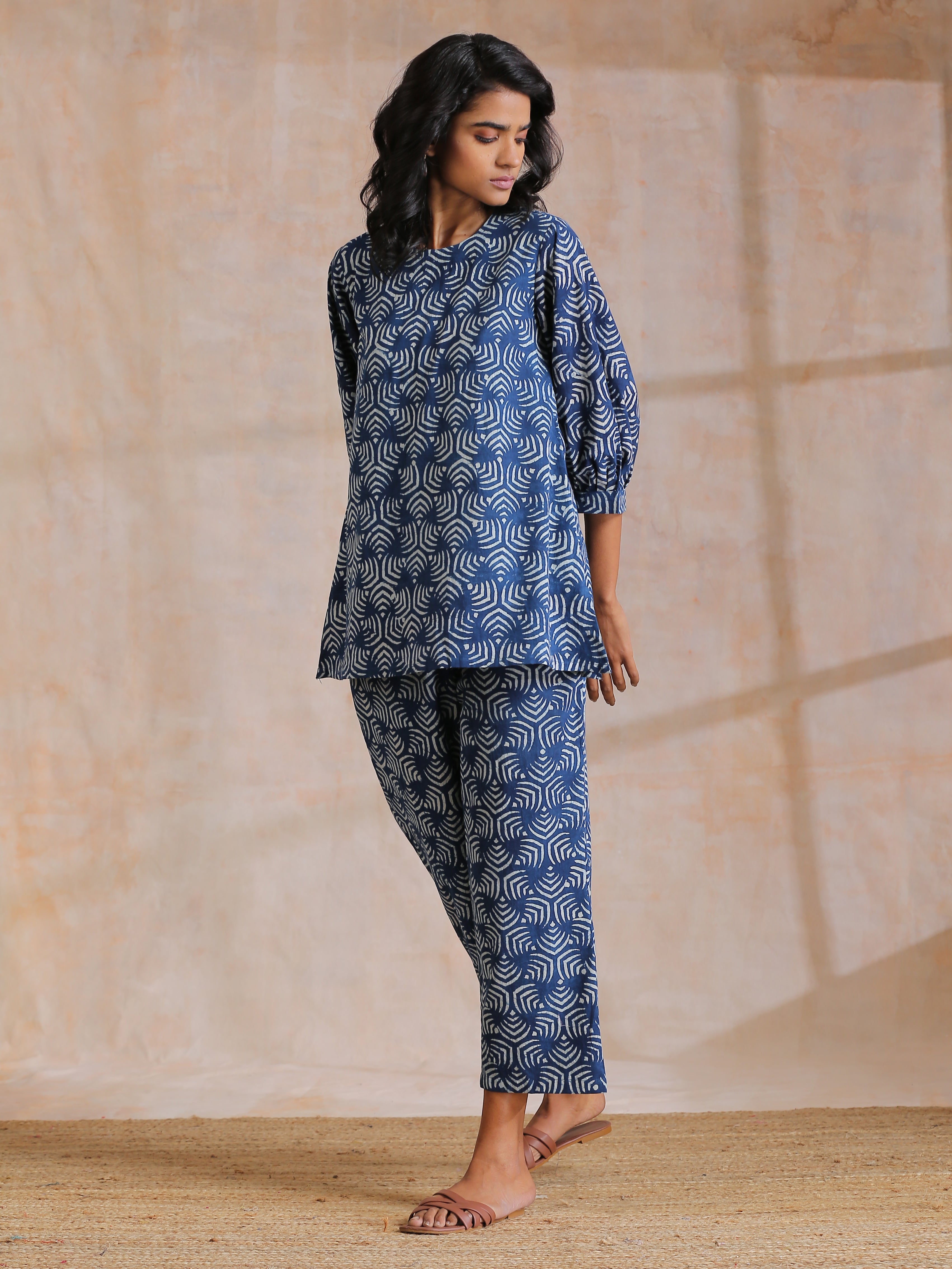 trueBrowns Indigo Dabu Overall Print Cotton Baggy Sleeve Co-Ord Set - Distacart