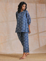 Thumbnail for trueBrowns Indigo Dabu Overall Print Cotton Baggy Sleeve Co-Ord Set - Distacart