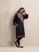 Thumbnail for trueBrowns Blue Floral Embroidered Woollen Phiran Kurta - Distacart