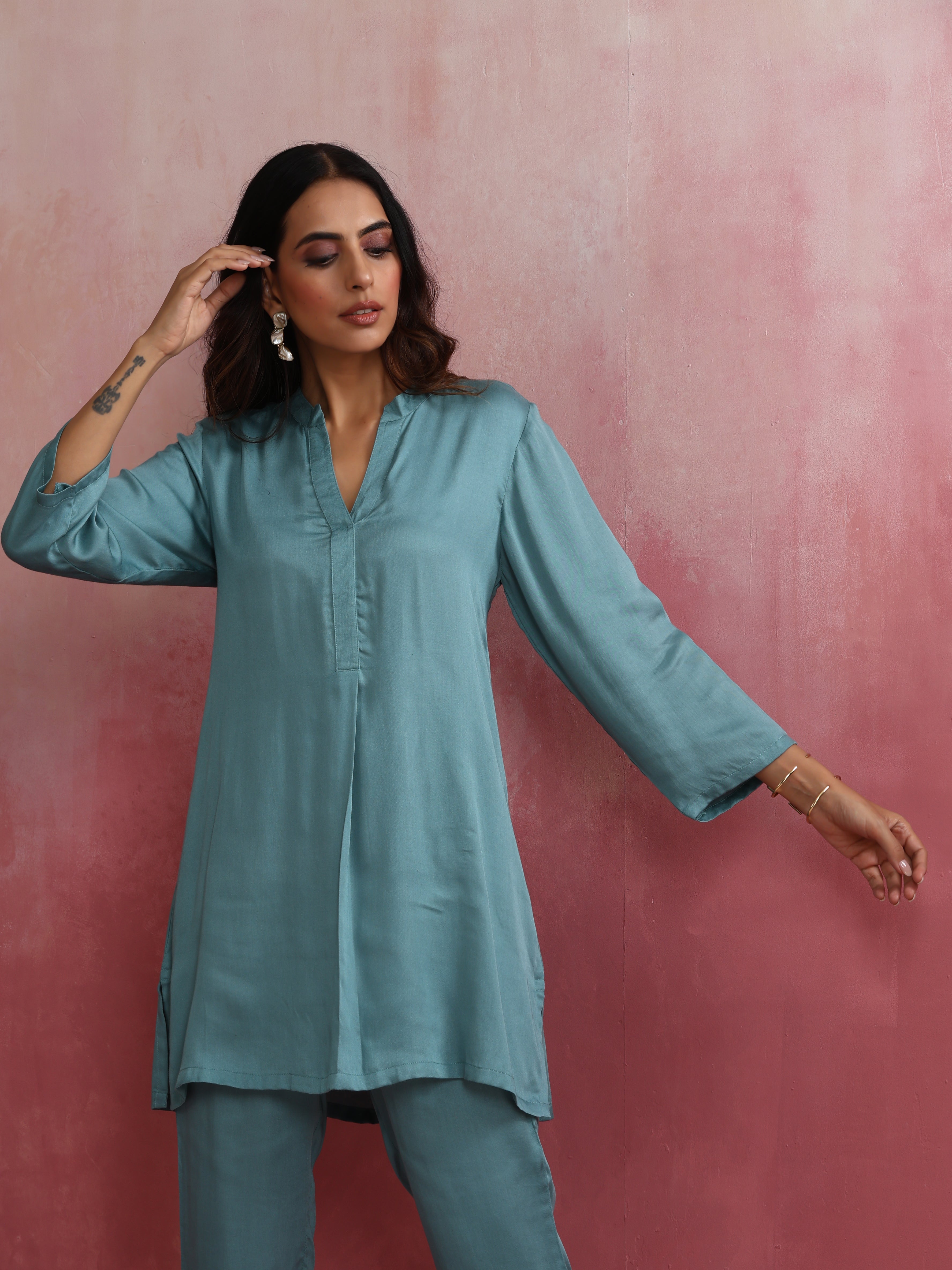 trueBrowns Light Blue Modal Straight Kurta Co-ord Set - Distacart