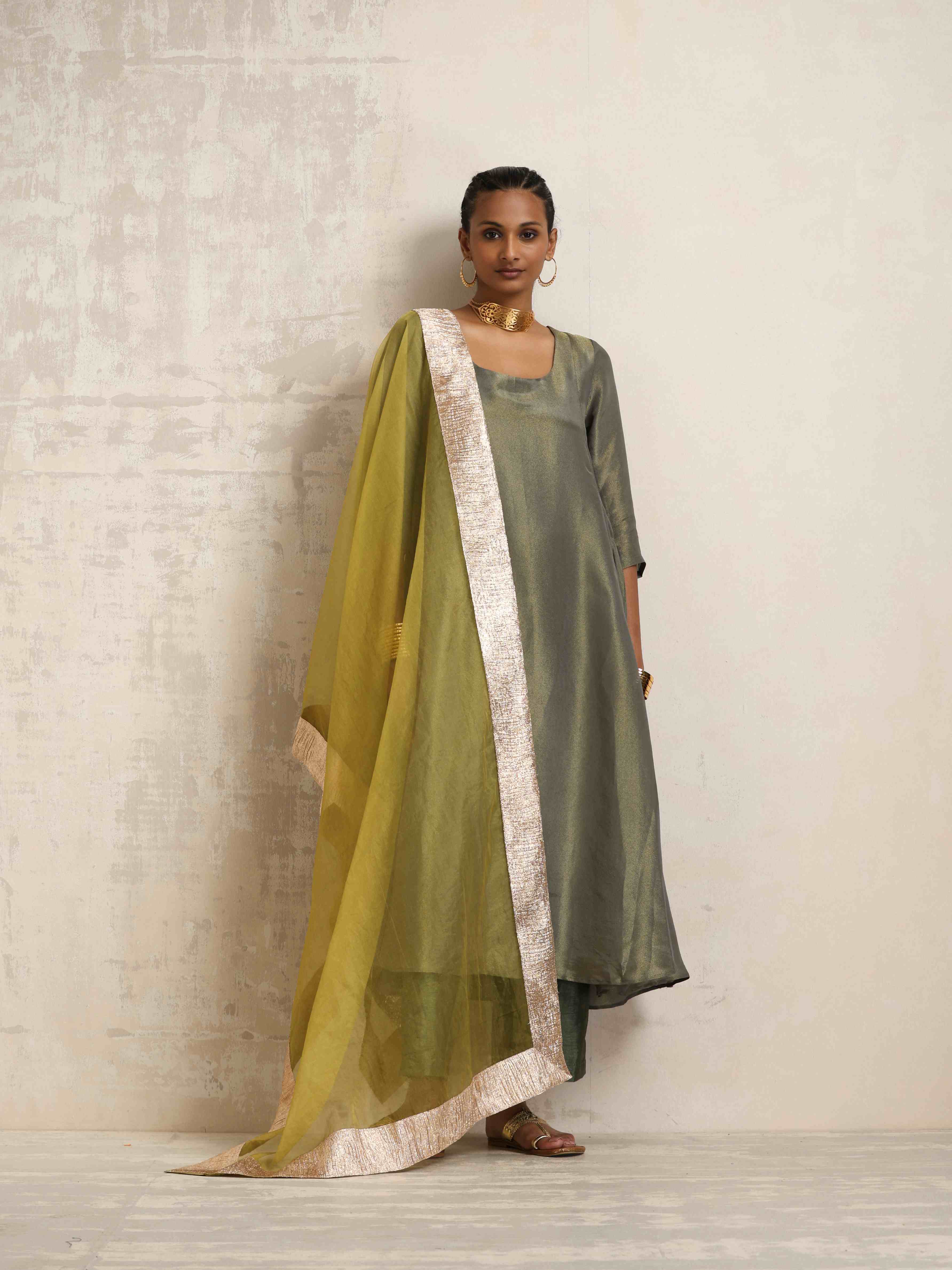 trueBrowns Green Tissue Anarkali Kurta Dupatta Set - Distacart