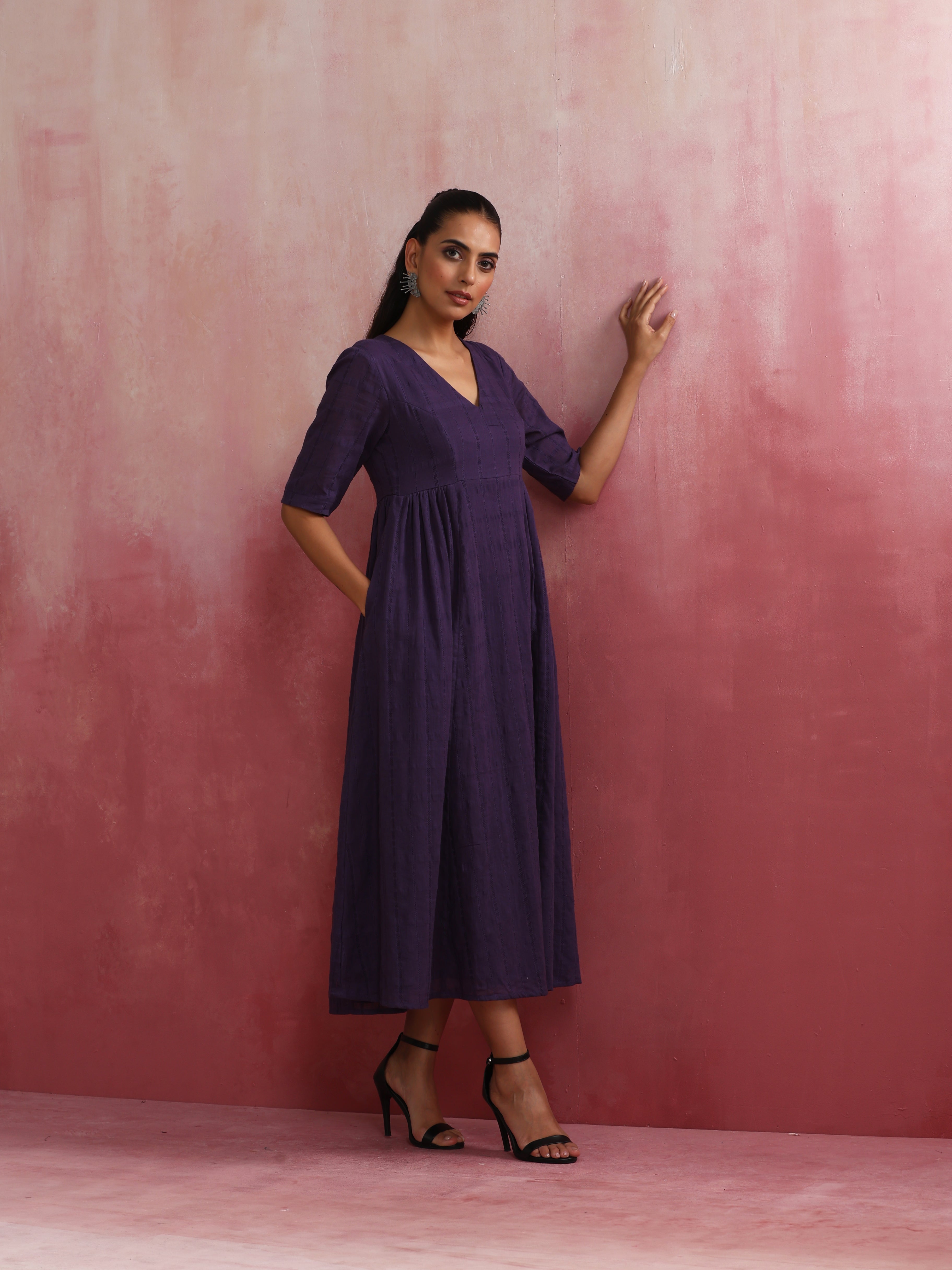 trueBrowns Purple Cotton Dobby Dress - Distacart