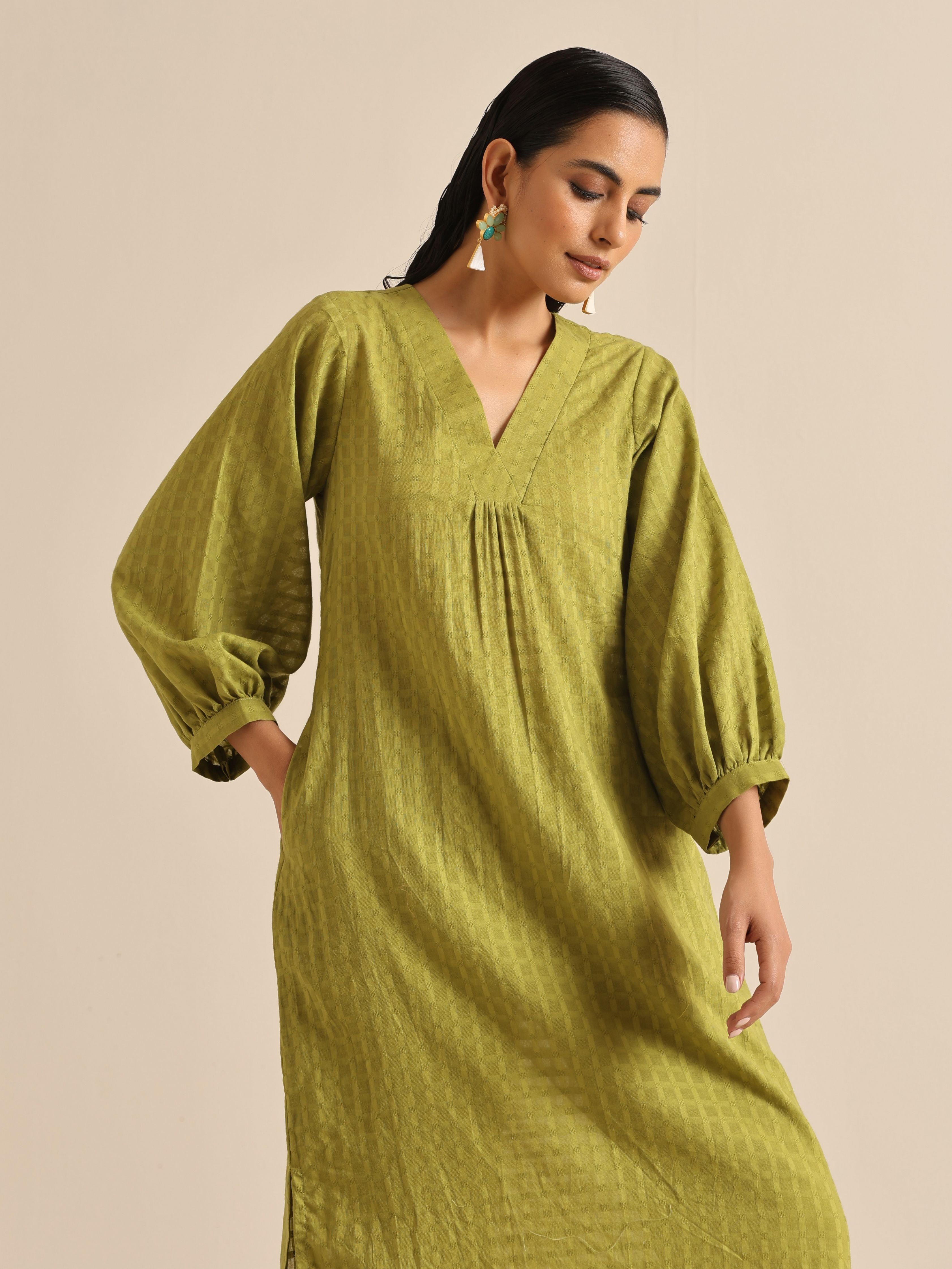 trueBrowns Fresh Green Dobby Puff Sleeve Kurta Pant Set - Distacart