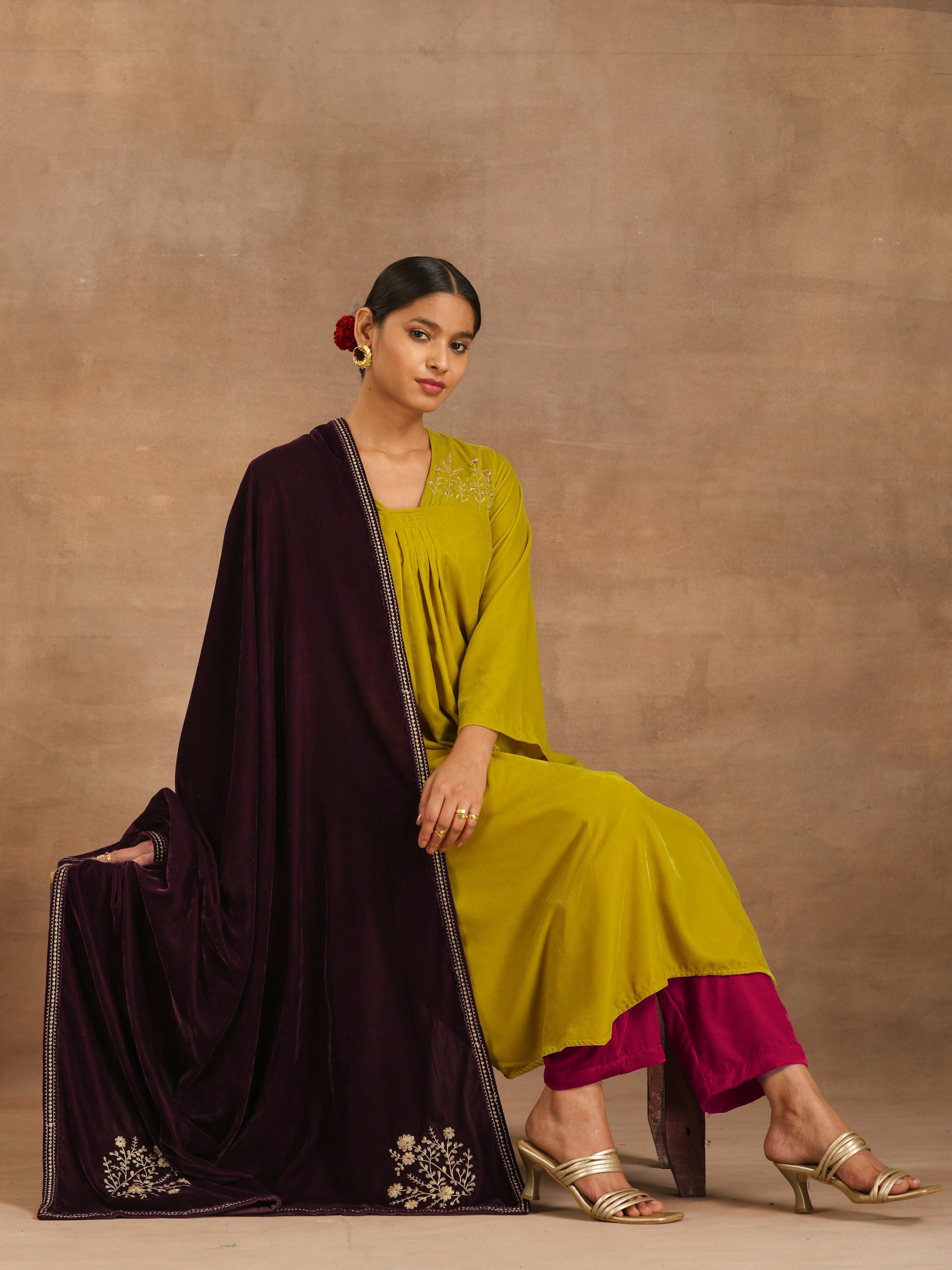 trueBrowns Wine Velvet Embroidered Shawl - Distacart