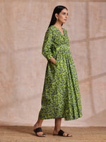 Thumbnail for trueBrowns Lime Green Overall Blue Floral Block Print Cotton Wrap Dress - Distacart