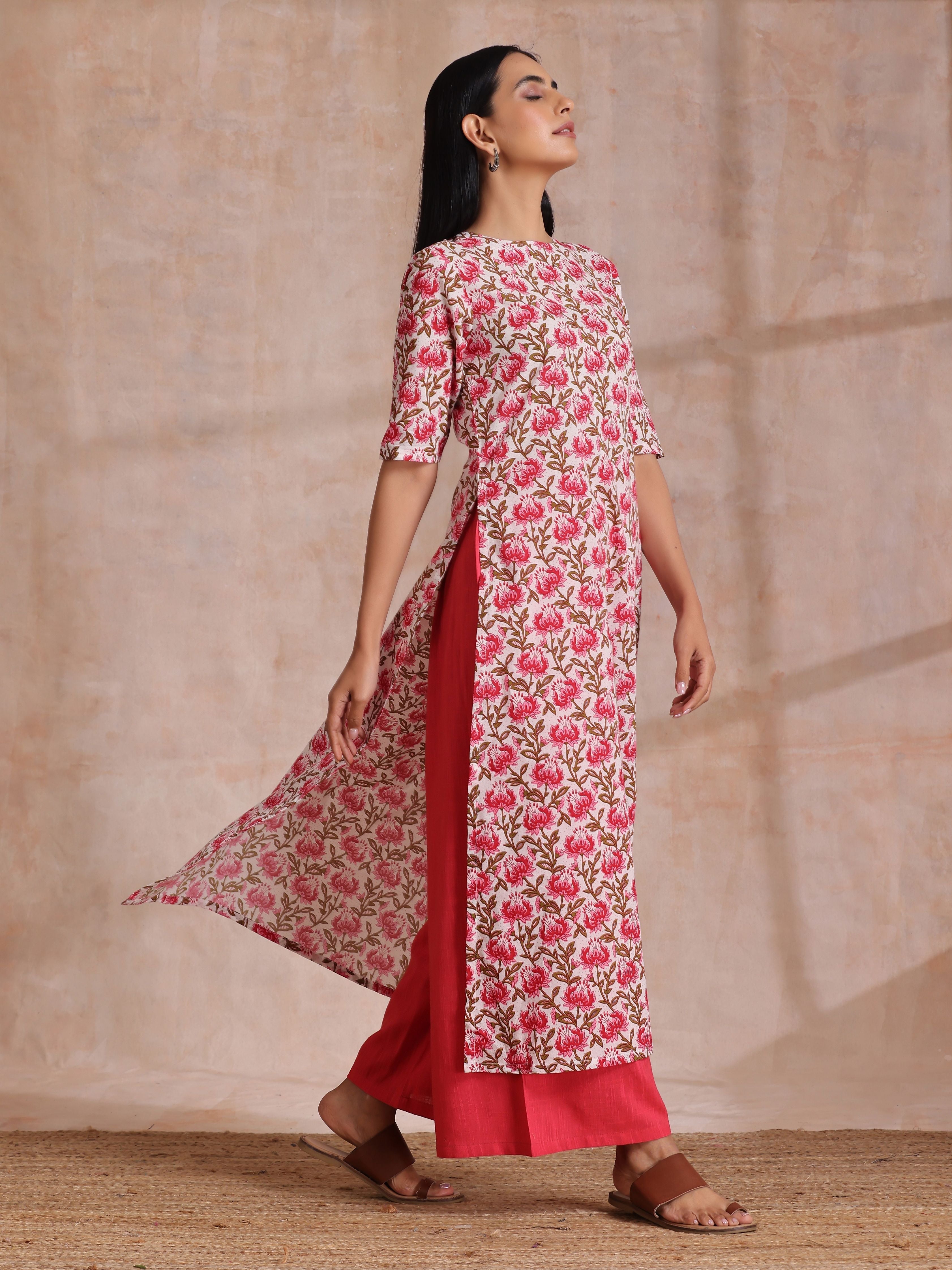 trueBrowns Pink Brown Overall Floral On White Block Print Cotton Slit Kurta Pant Set - Distacart