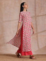 Thumbnail for trueBrowns Pink Brown Overall Floral On White Block Print Cotton Slit Kurta Pant Set - Distacart