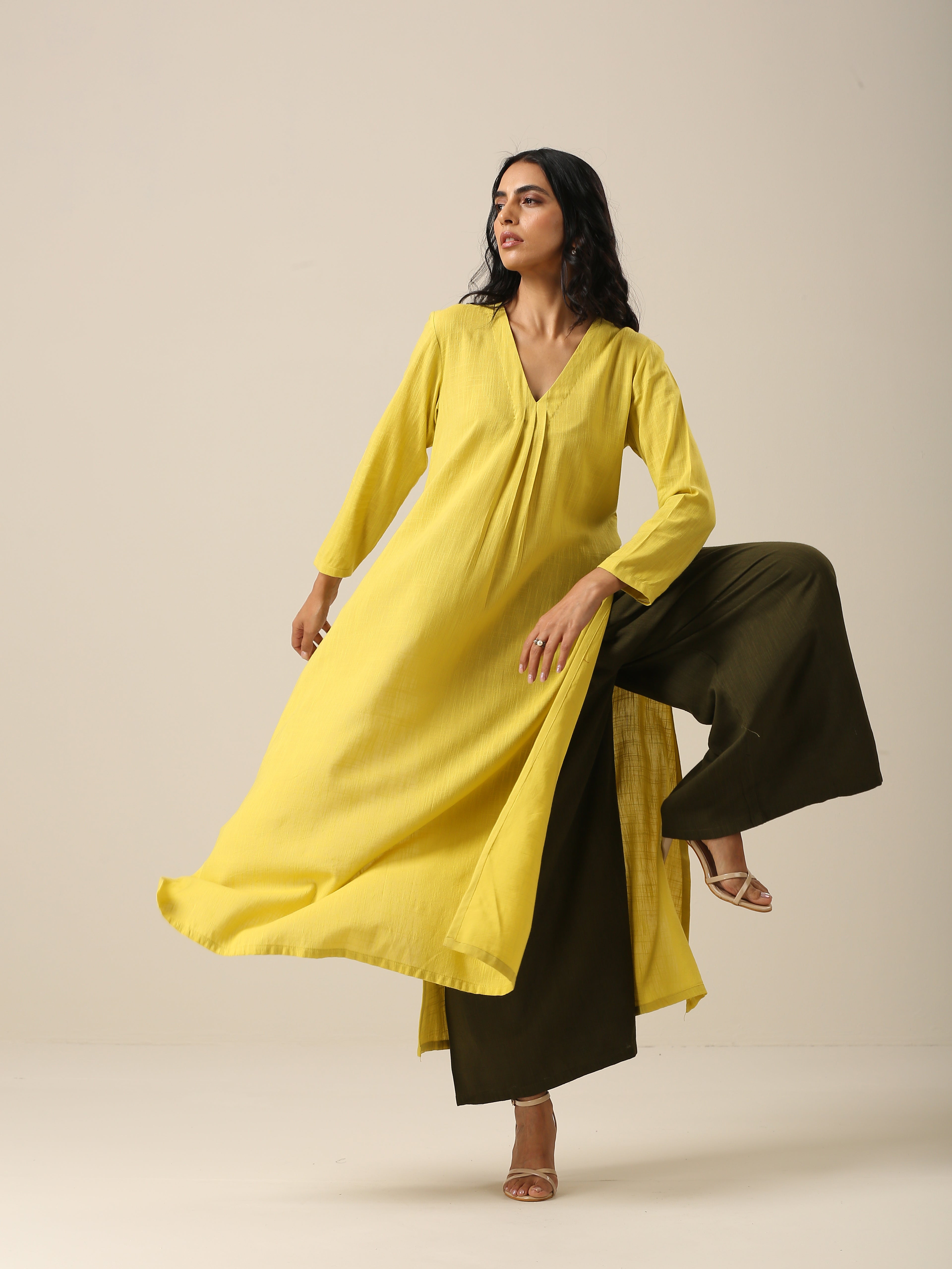 trueBrowns Lime Slub Texture Slit Kurta Palazzo Set - Distacart