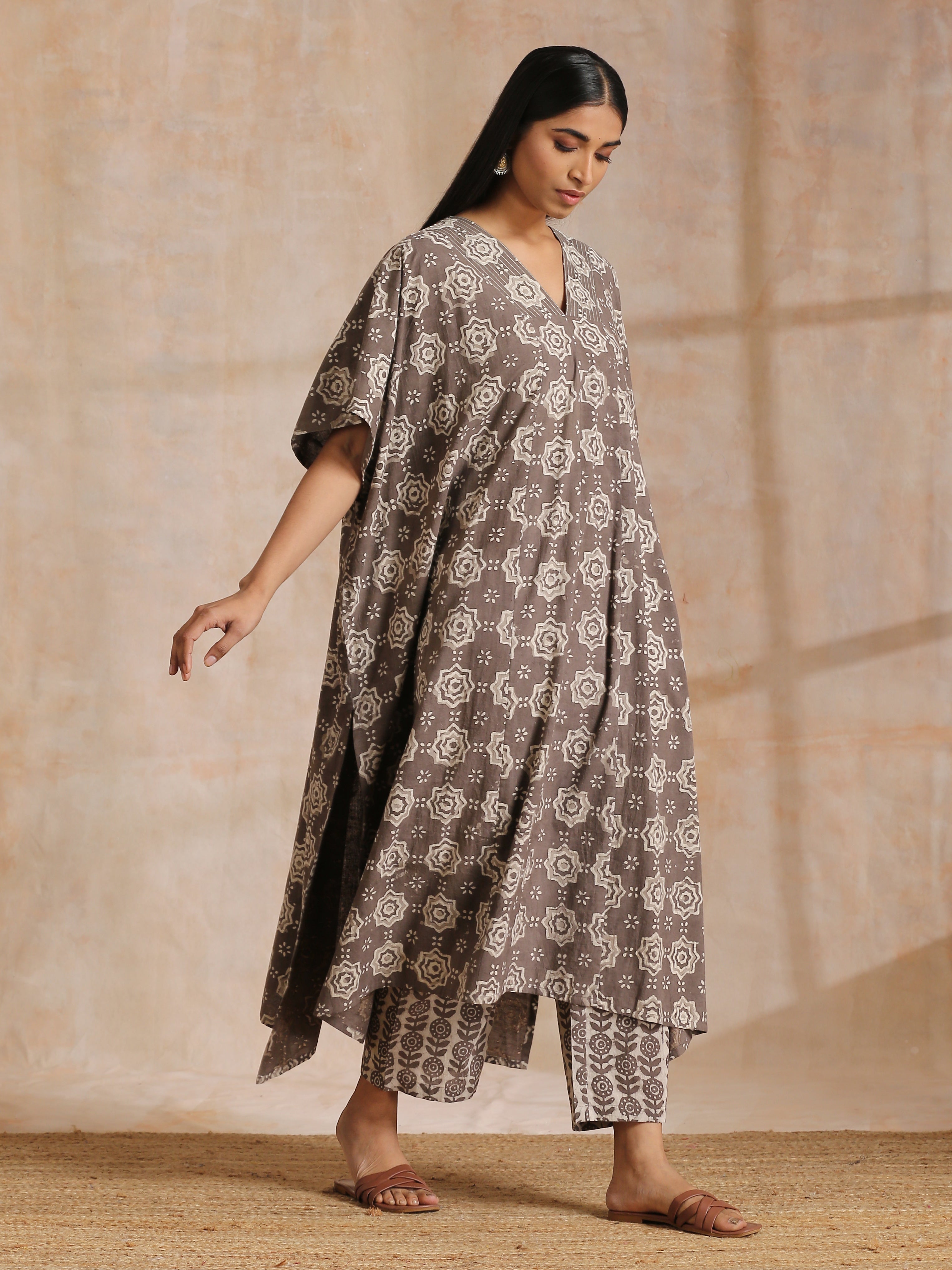 trueBrowns Clay Dabu Overall Print Cotton Panel Kaftan Kurta Pant Set - Distacart