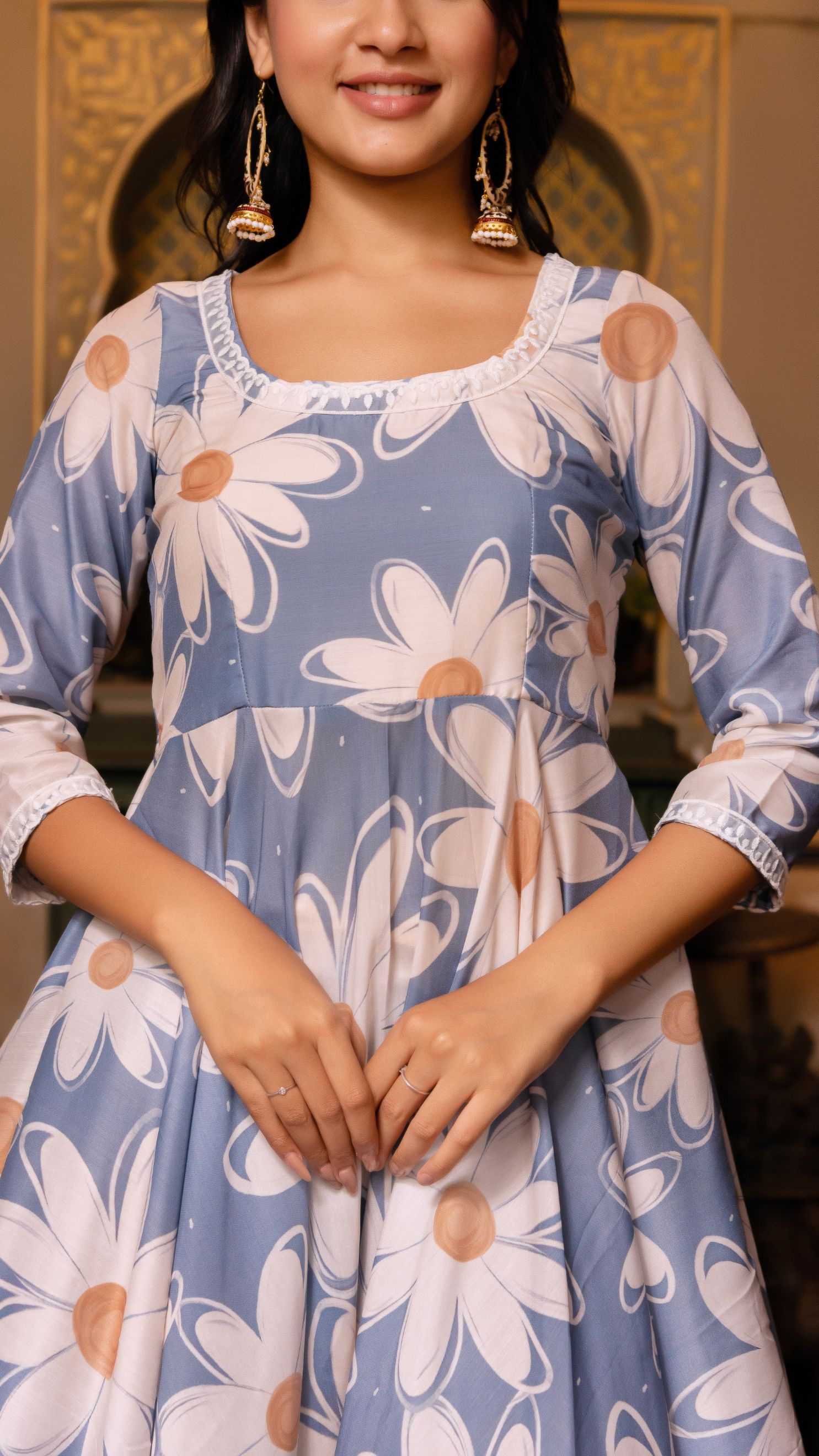 Pomcha Jaipur Gaurangi White Phool Powder Blue Anarkali Set - Distacart