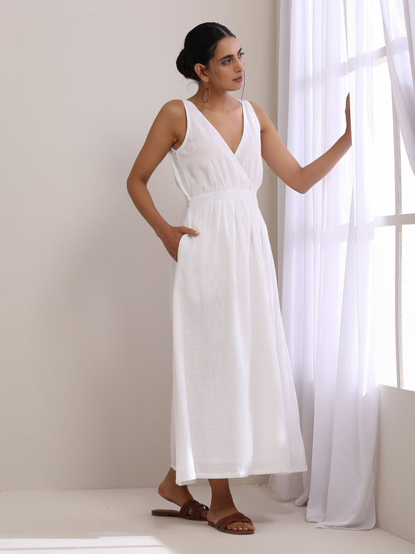 trueBrowns White Slub Texture Sleeveless Wrap Dress - Distacart