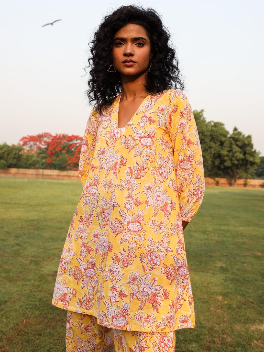 trueBrowns Yellow Cotton Block Print V-Square Neck Co-Ord Set - Distacart