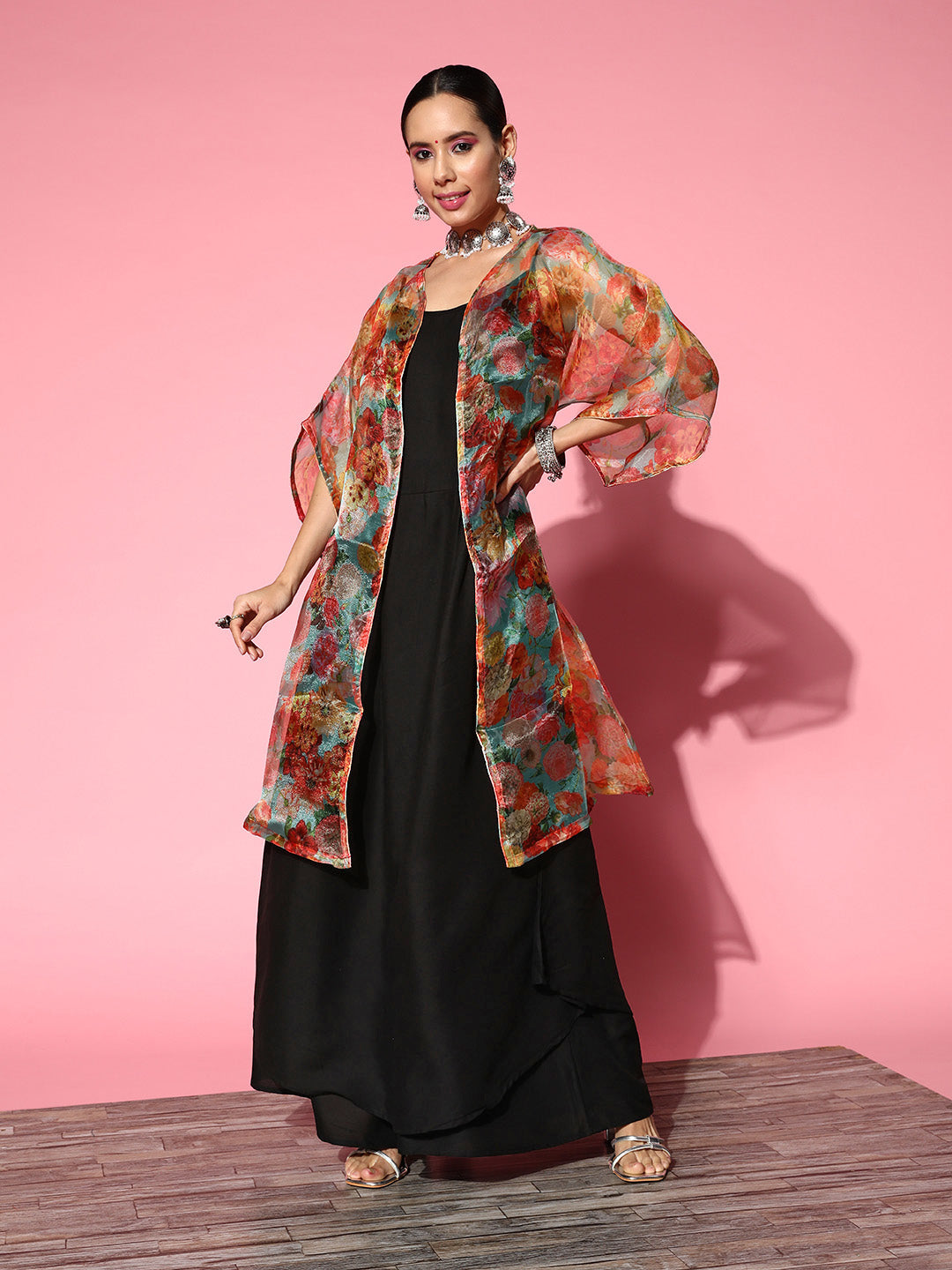 InWeave Black Strappy Set With Green Floral Organza Cape - Distacart