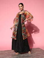 Thumbnail for InWeave Black Strappy Set With Green Floral Organza Cape - Distacart