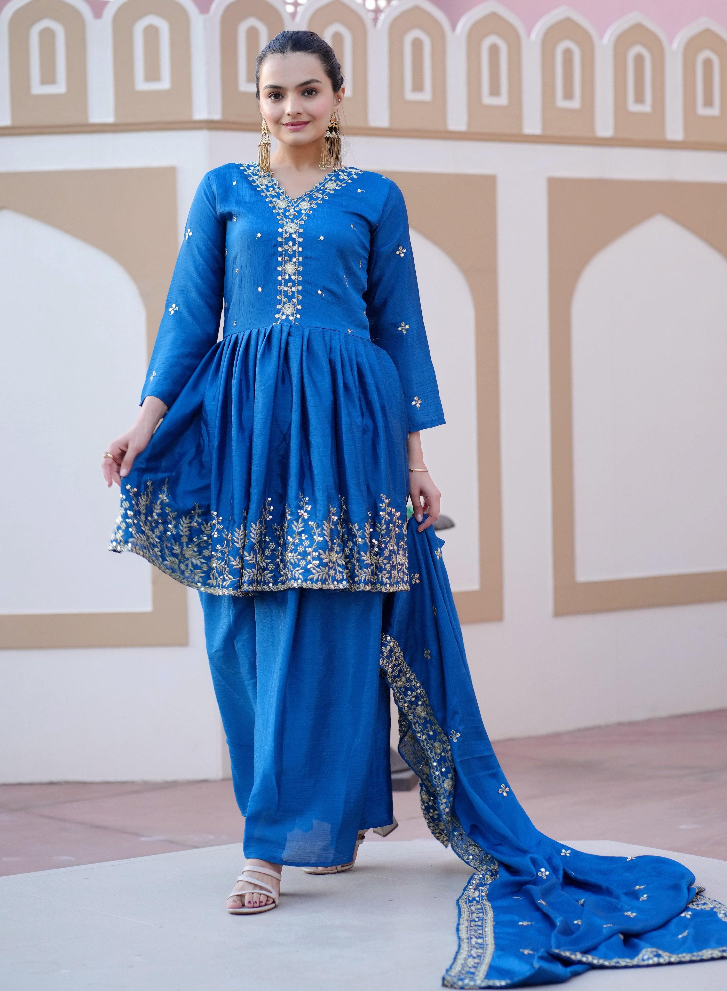 Yash Enterprise Glorious Blue Chinon Silk Embroidery Work Readymade Salwar Suit
