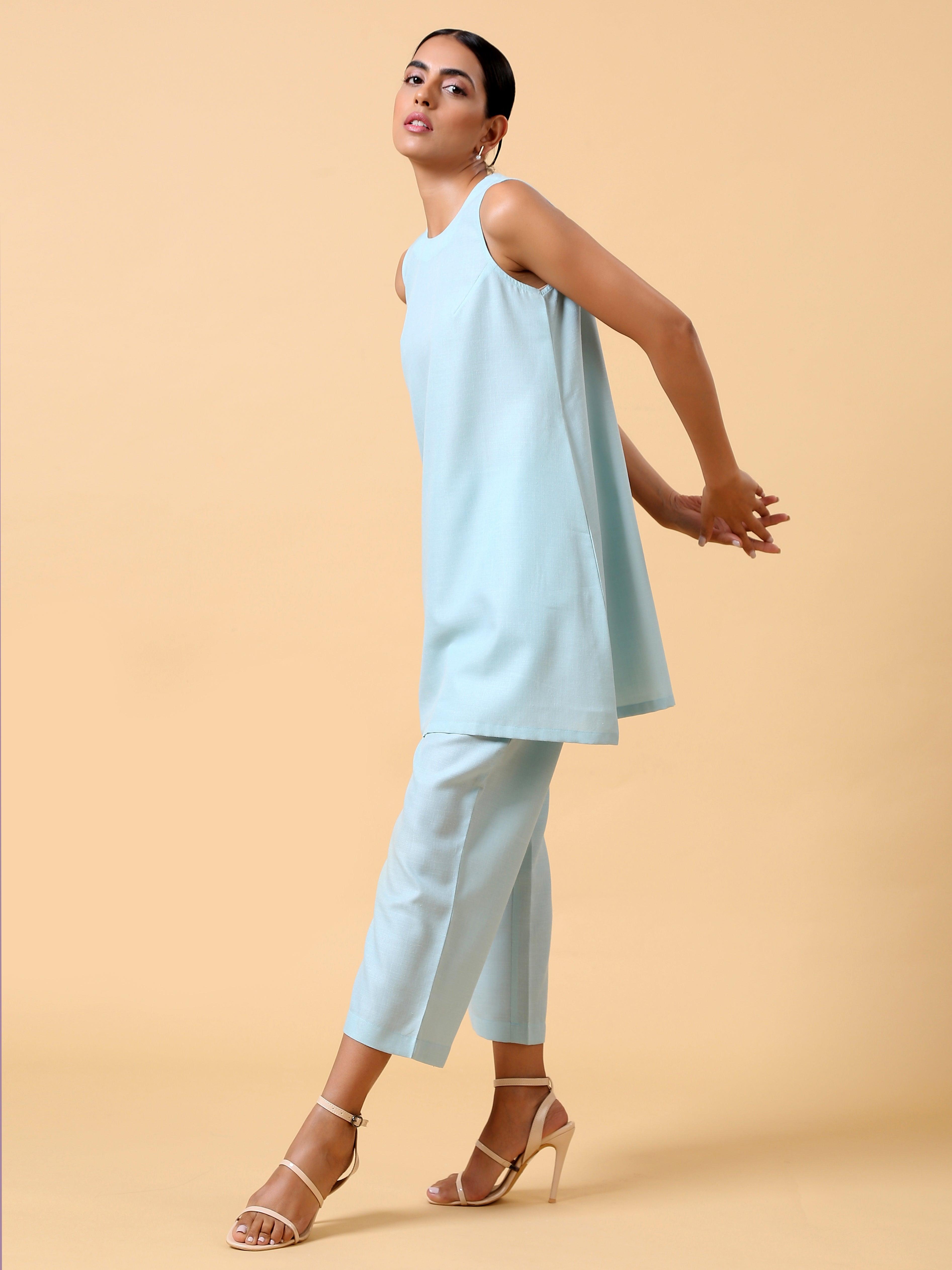 trueBrowns Cotton Linen Light Blue Sleeveless Co-Ord Set - Distacart