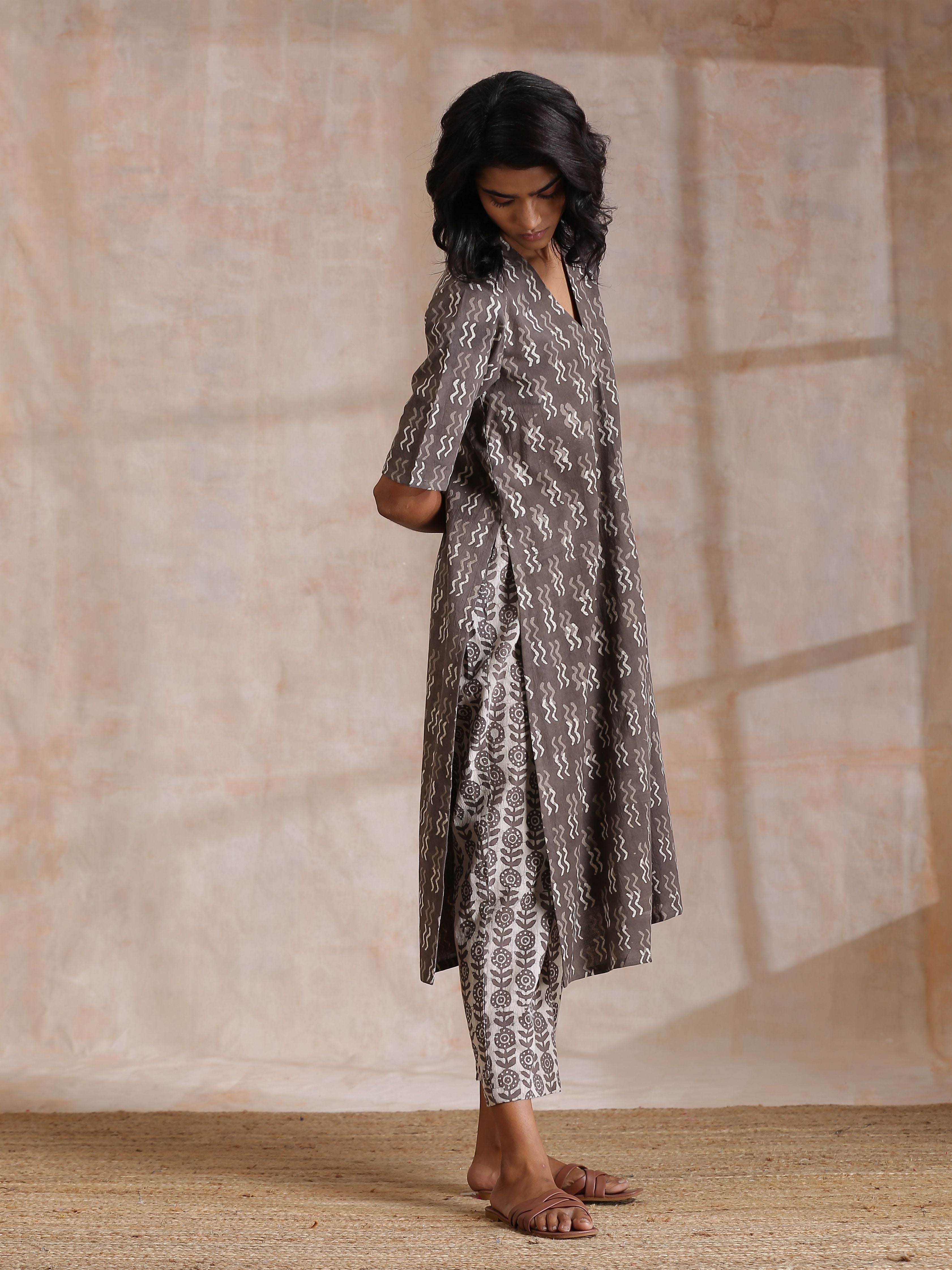 trueBrowns Clay Dabu Zig-Zag Motifs Print Cotton Kurta Pant Set - Distacart