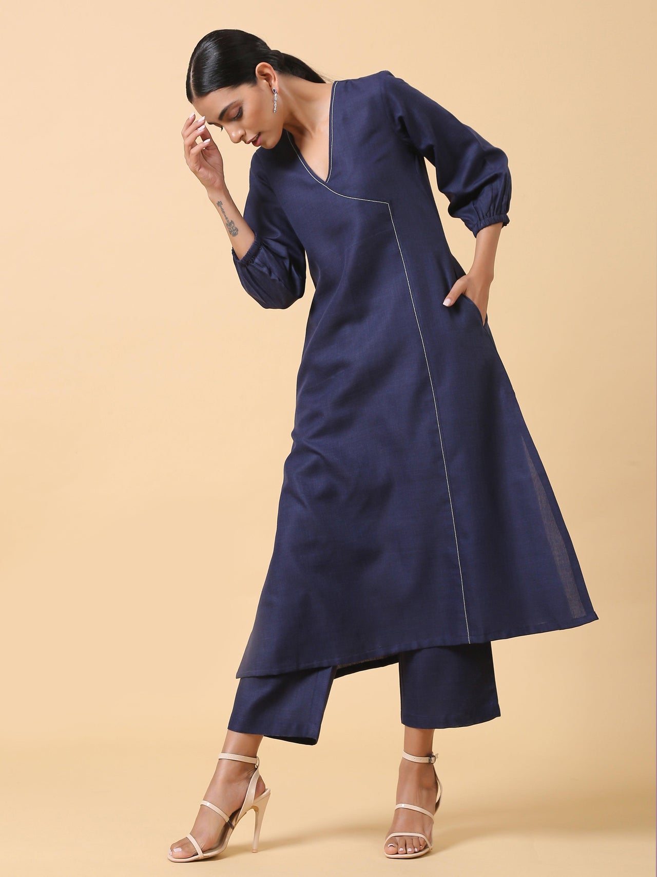 trueBrowns Cotton Linen Dark Blue Kurta Pant Set - Distacart