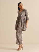 Thumbnail for trueBrowns Grey Floral Silk Printed Co-Ord Set - Distacart