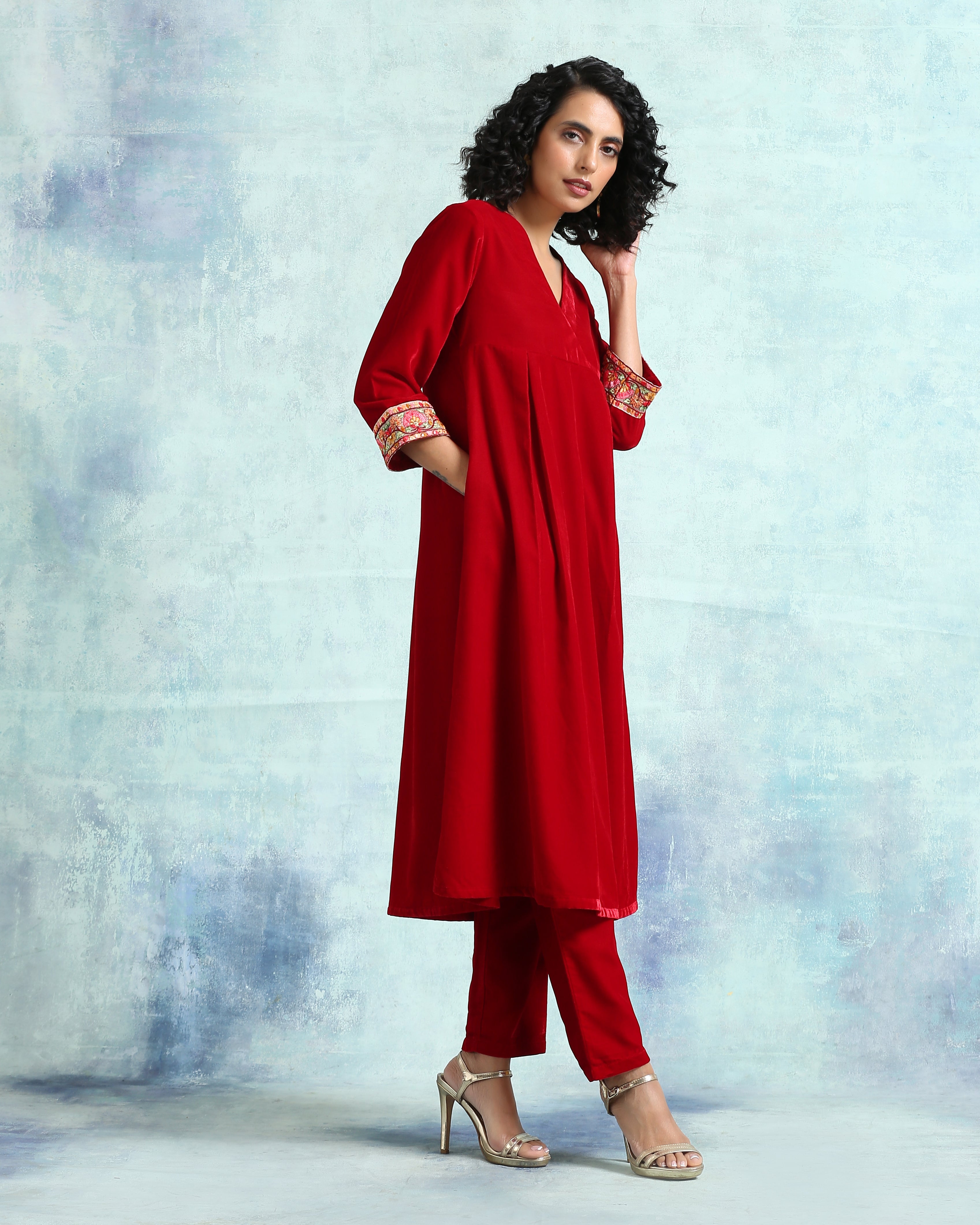 trueBrowns True Red Velvet Yoke Kurta - Distacart