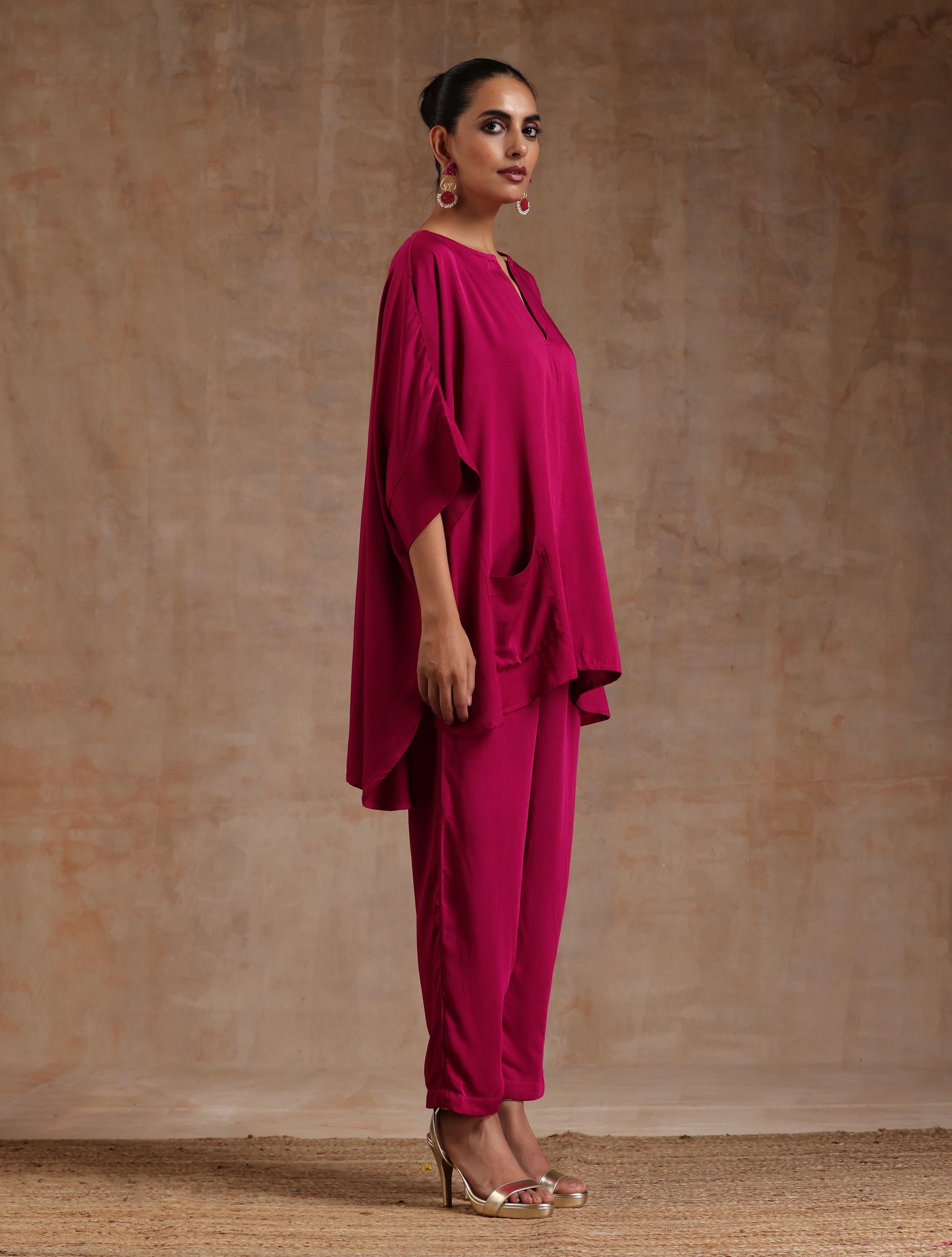 trueBrowns Pink Modal Satin Boxy Fit High-Low Co-Ord Set - Distacart