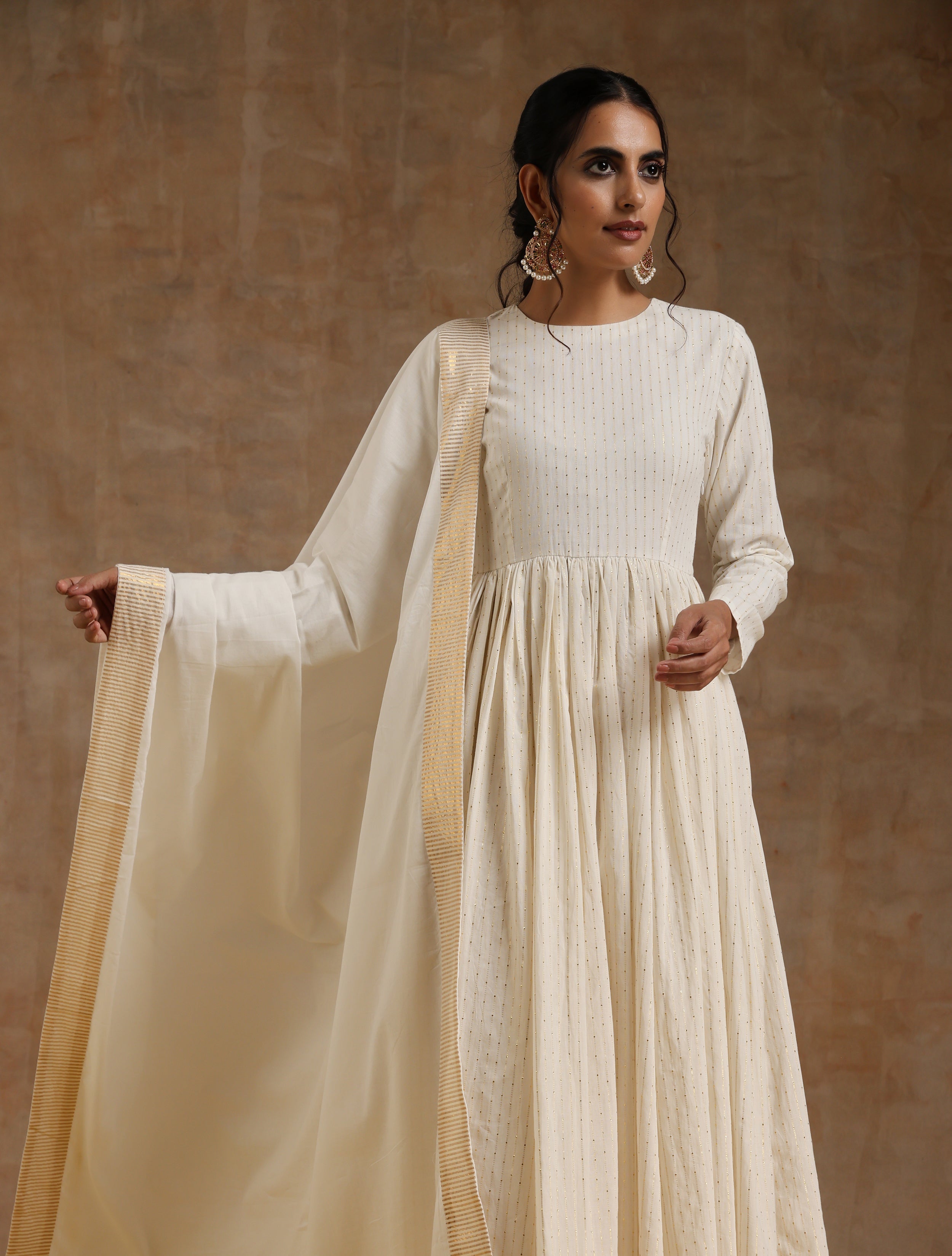 trueBrowns Ivory Gold Cotton Anarkali Set - Distacart