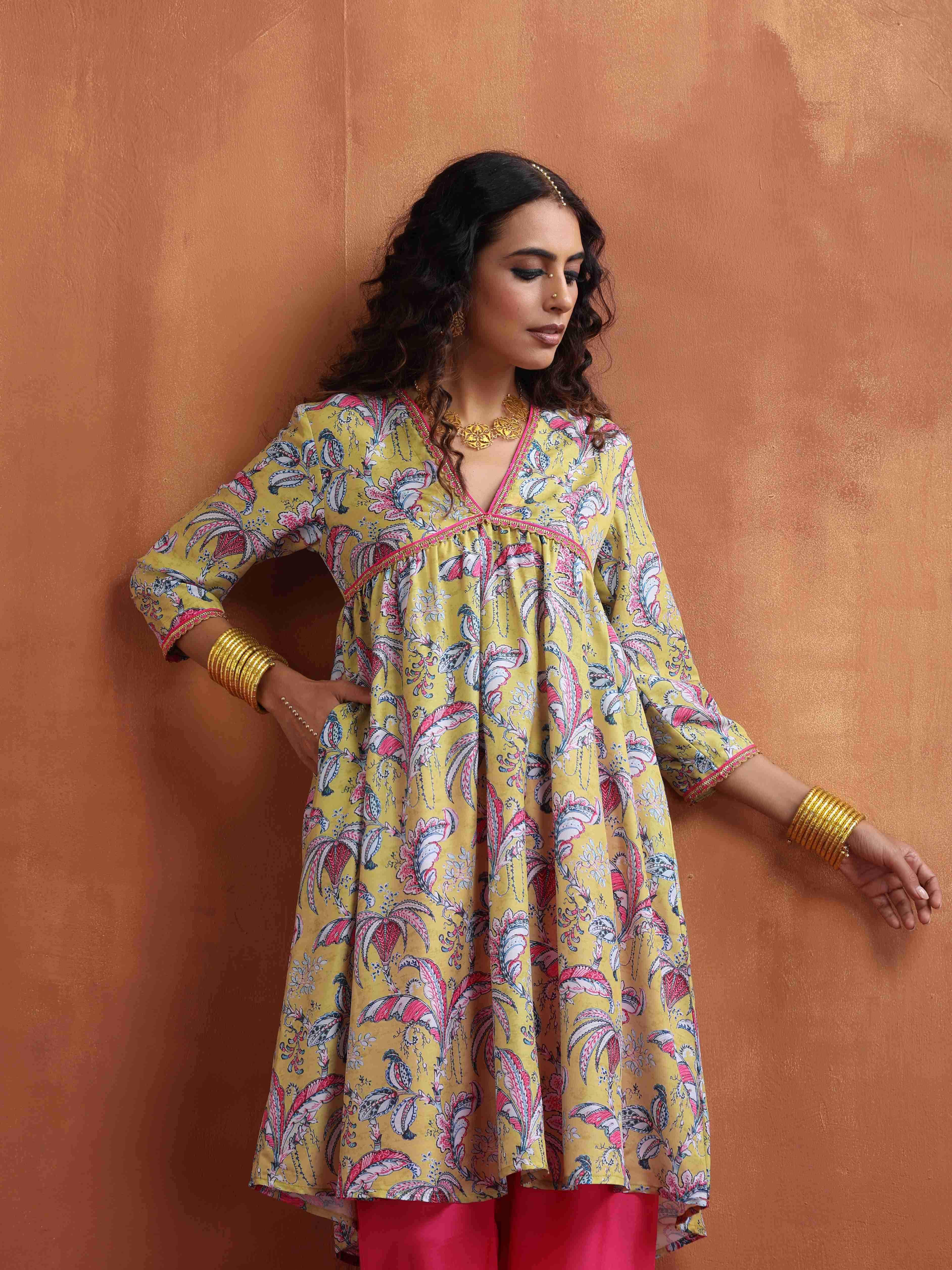 trueBrowns Yellow Print Anarkali Kurta Co-ord Set - Distacart