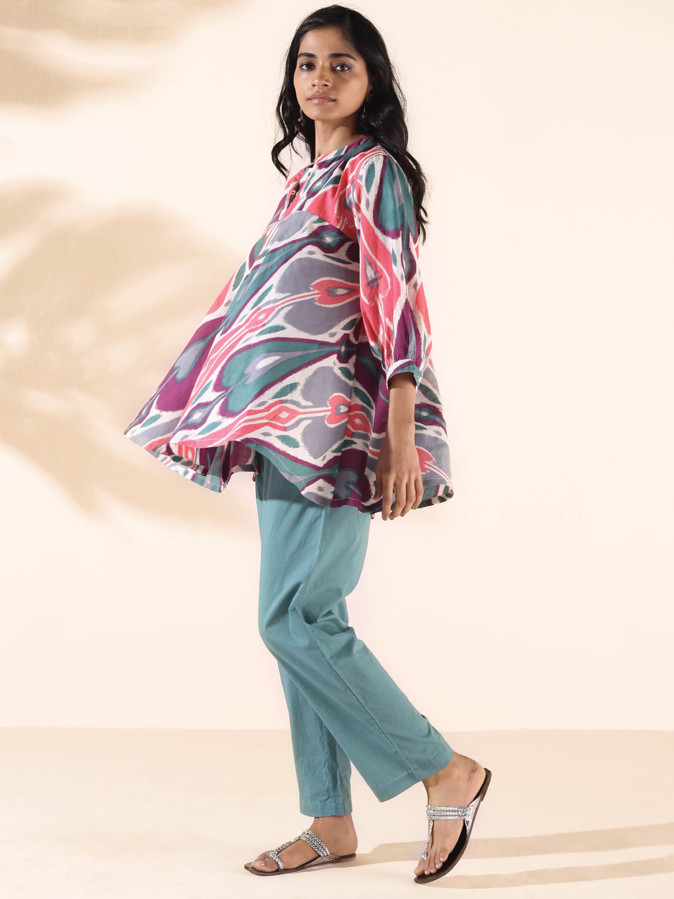 trueBrowns Green Cotton Ikat Flared Co-ord Set - Distacart