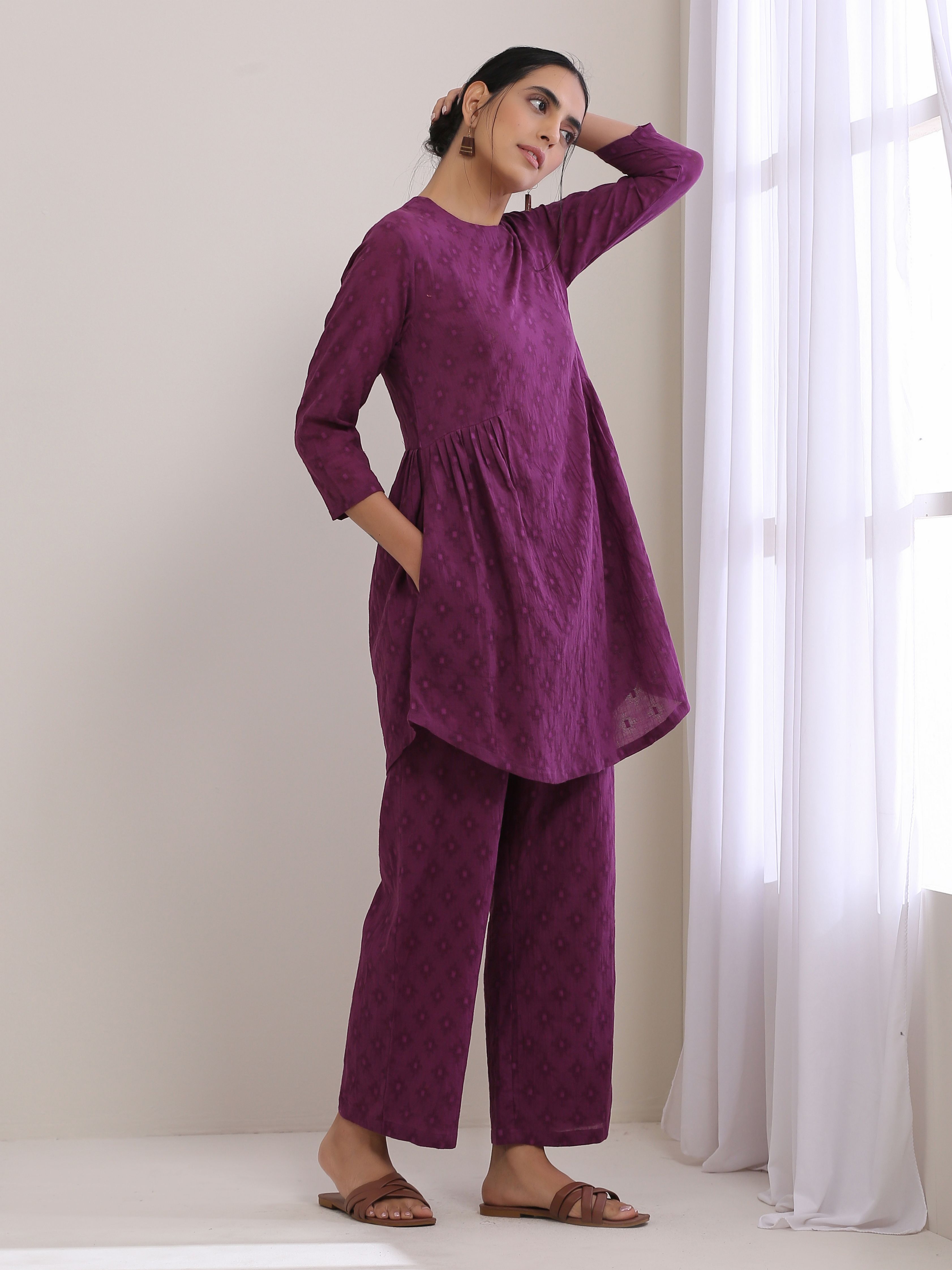 trueBrowns Plum Purple Dobby Gathers Co-Ord Set - Distacart