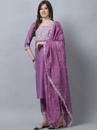 Thumbnail for Indian Fashion Women Pink Embroidery silk Kurta, Pant And Dupatta Set