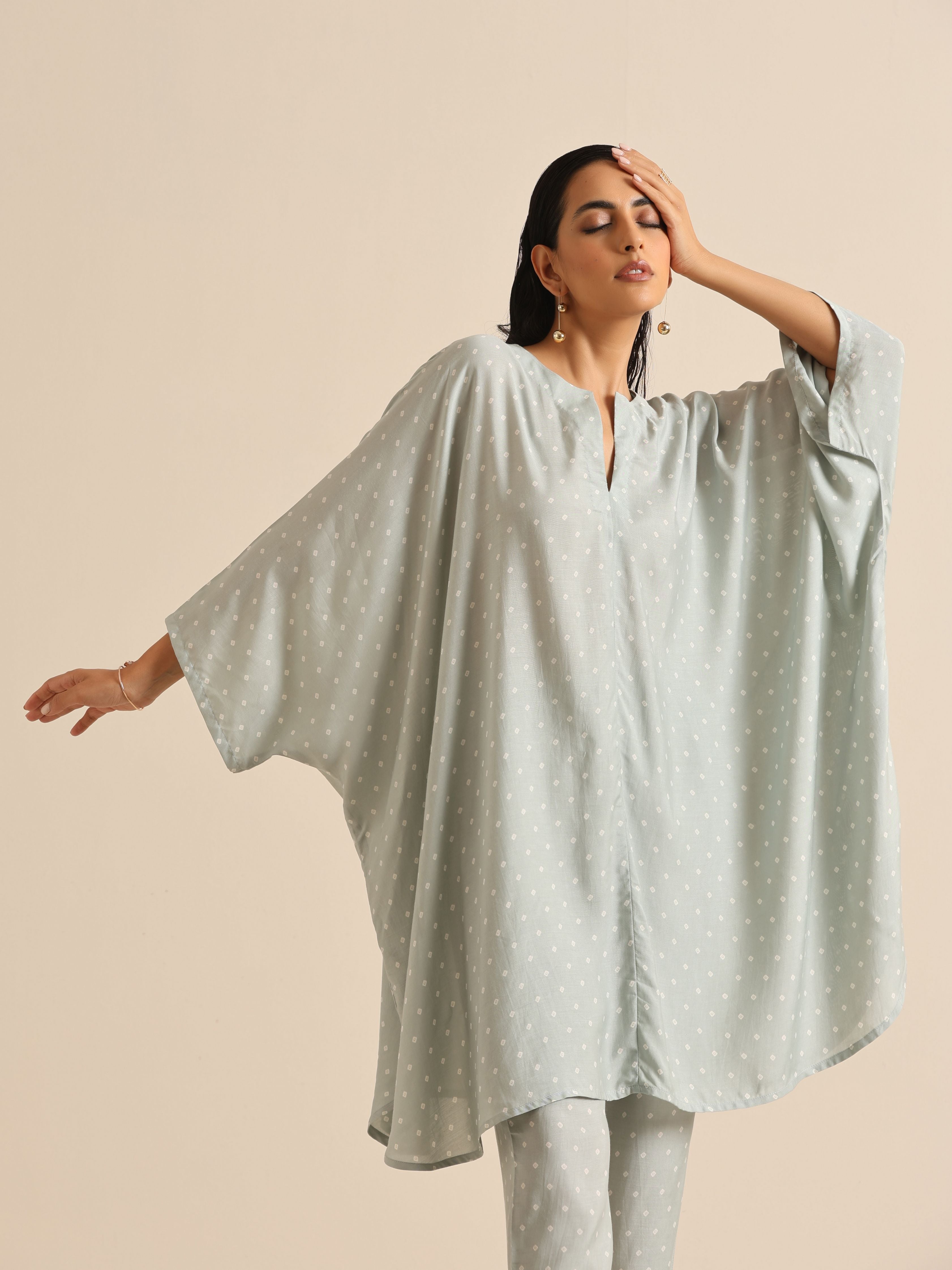 trueBrowns Grey Bandhani Printed Silk Kaftan Co-Ord Set - Distacart