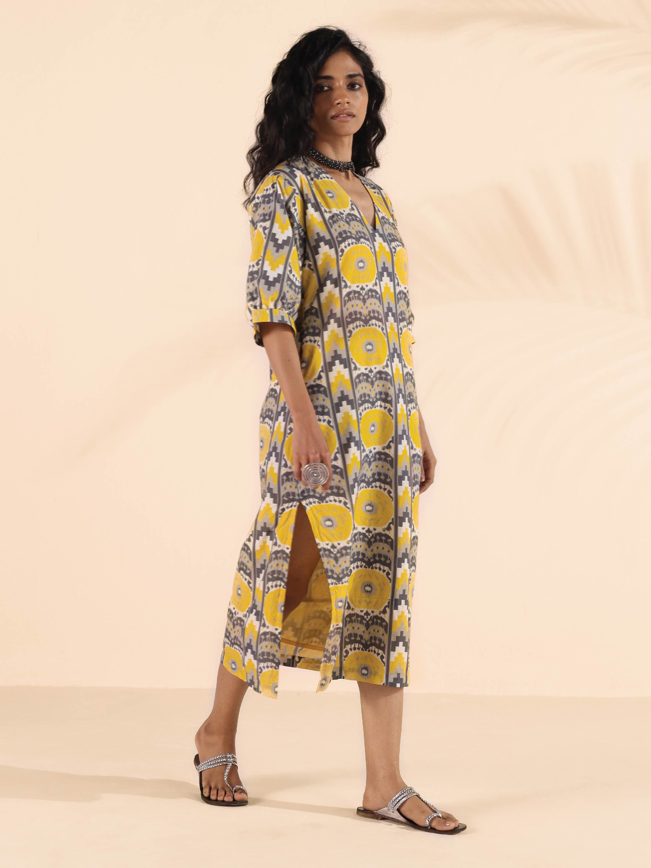 trueBrowns Yellow Cotton Ikat Slit Dress - Distacart