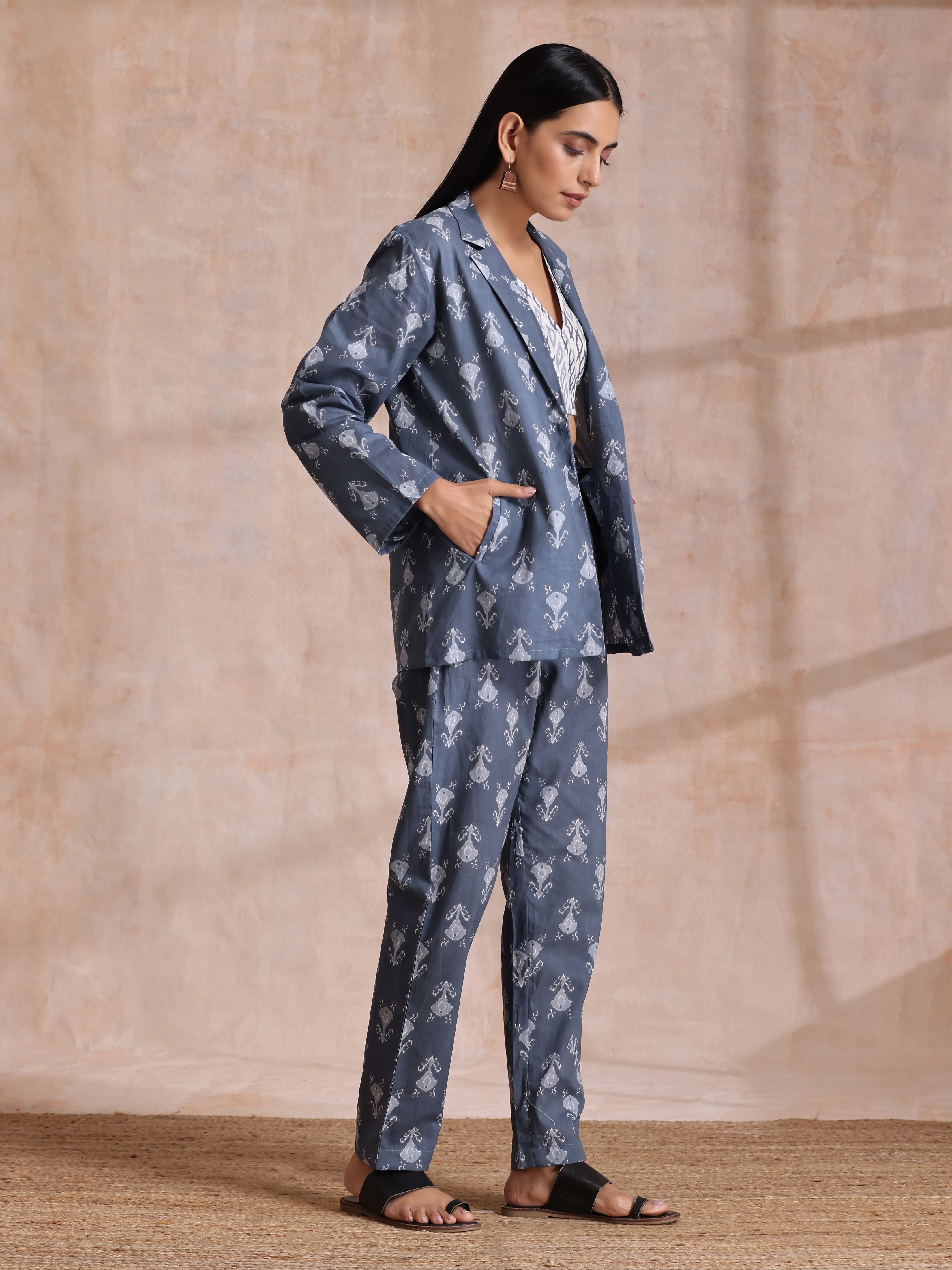 trueBrowns Grey On Grey Ikat Print Cotton Pant Suit Set - Distacart