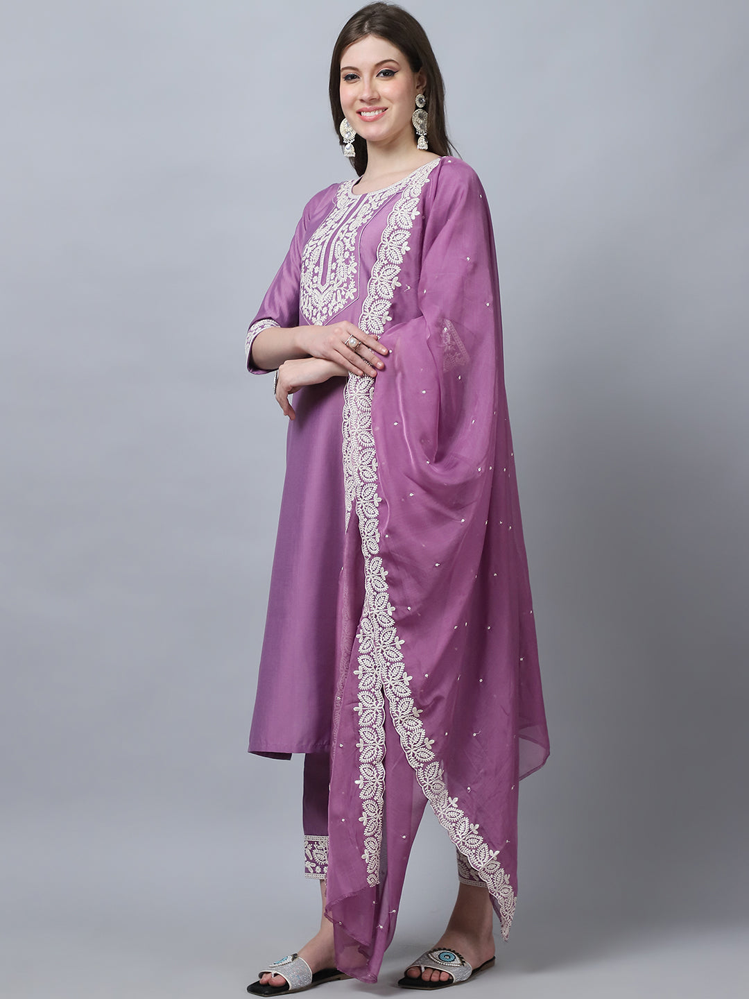 Indian Fashion Women Pink Embroidery silk Kurta, Pant And Dupatta Set