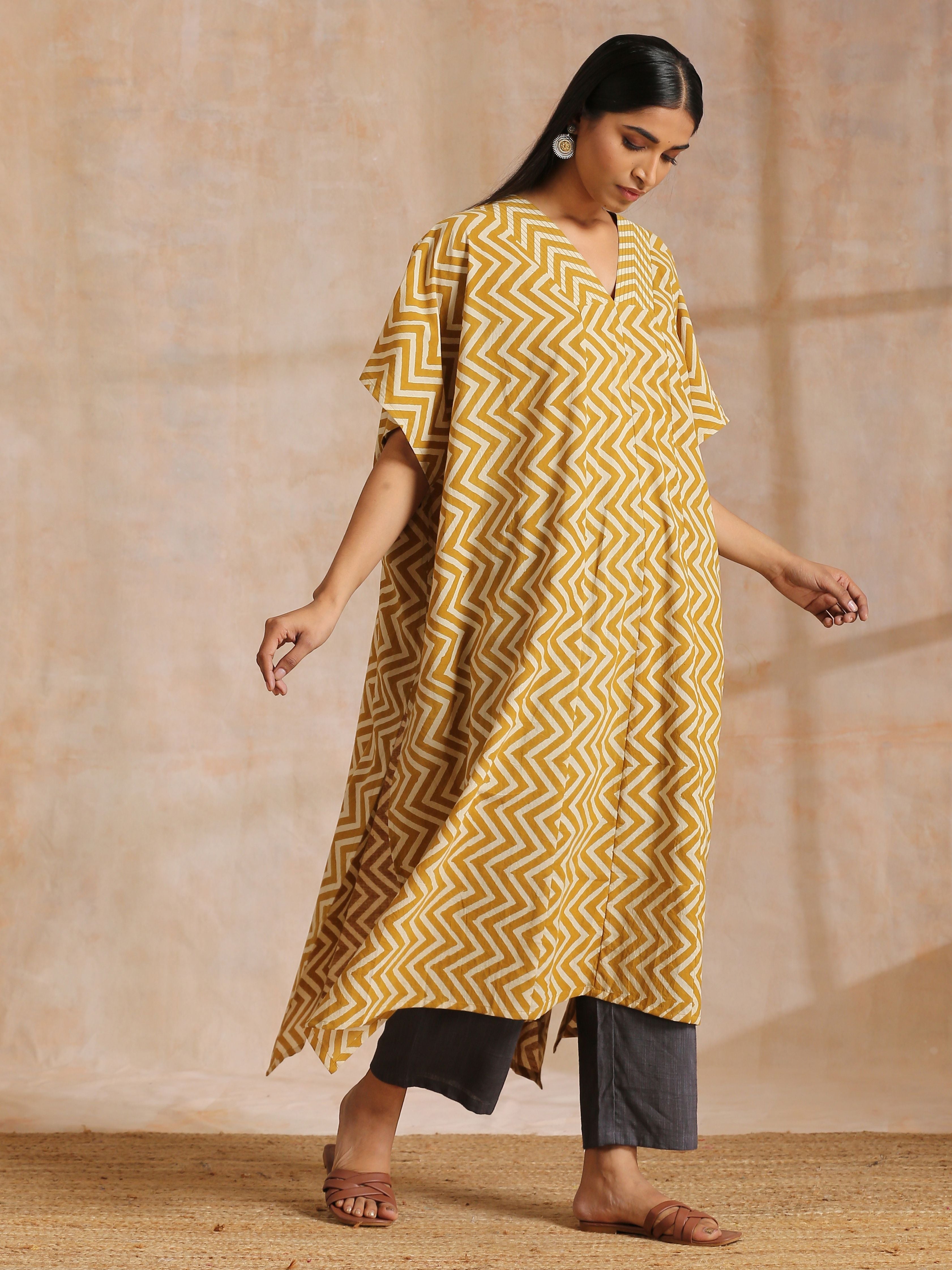 trueBrowns Mustard Dabu Zig-Zag Lines Print Cotton Panel Kaftan Kurta Pant Set - Distacart