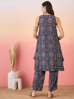 Thumbnail for InWeave Navy Maroon Ajrakh Foil Round Neck Kurta Pant Set - Distacart
