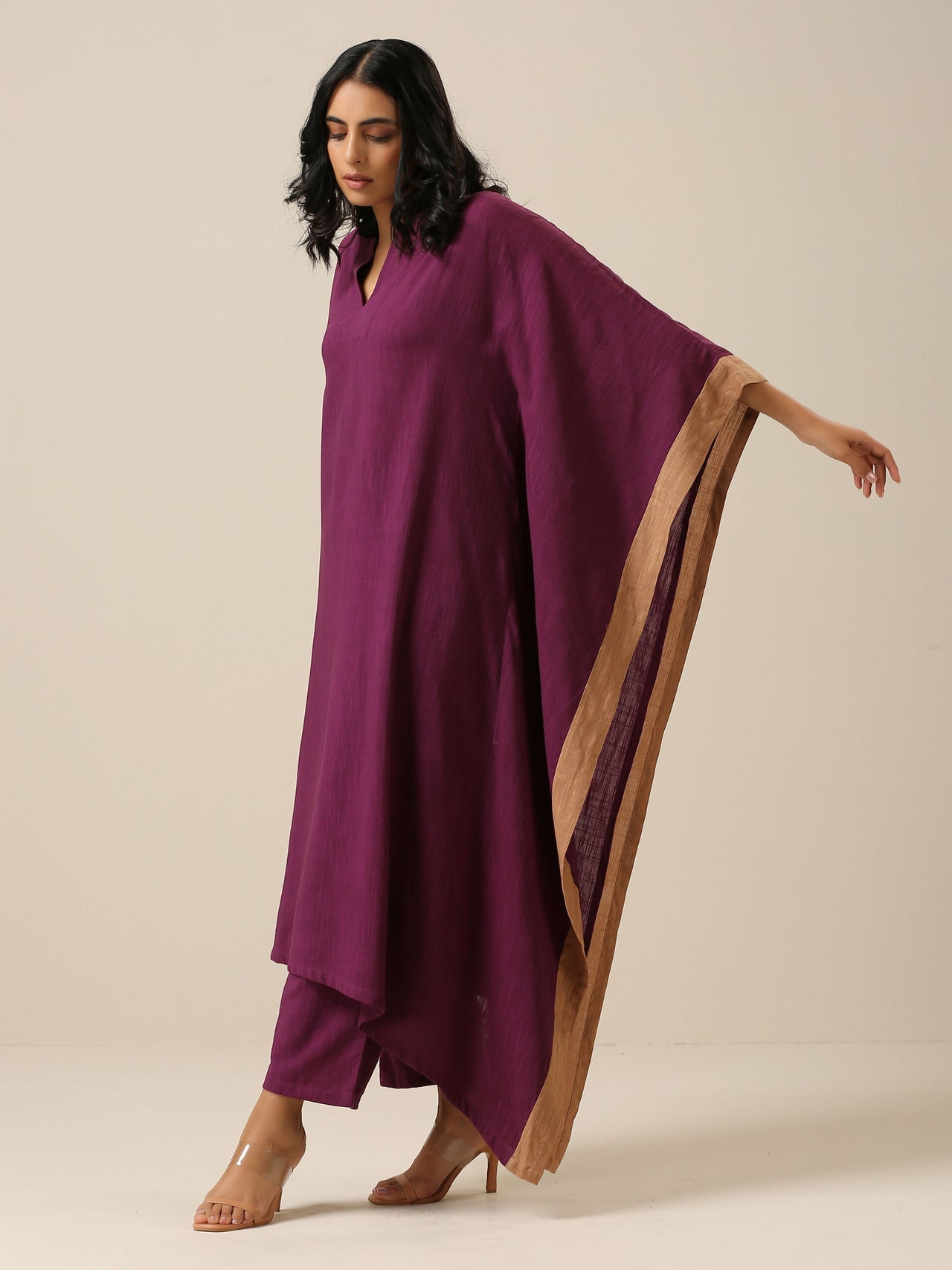 trueBrowns Plum Purple Slub Texture High Low Kaftan Pant Set - Distacart
