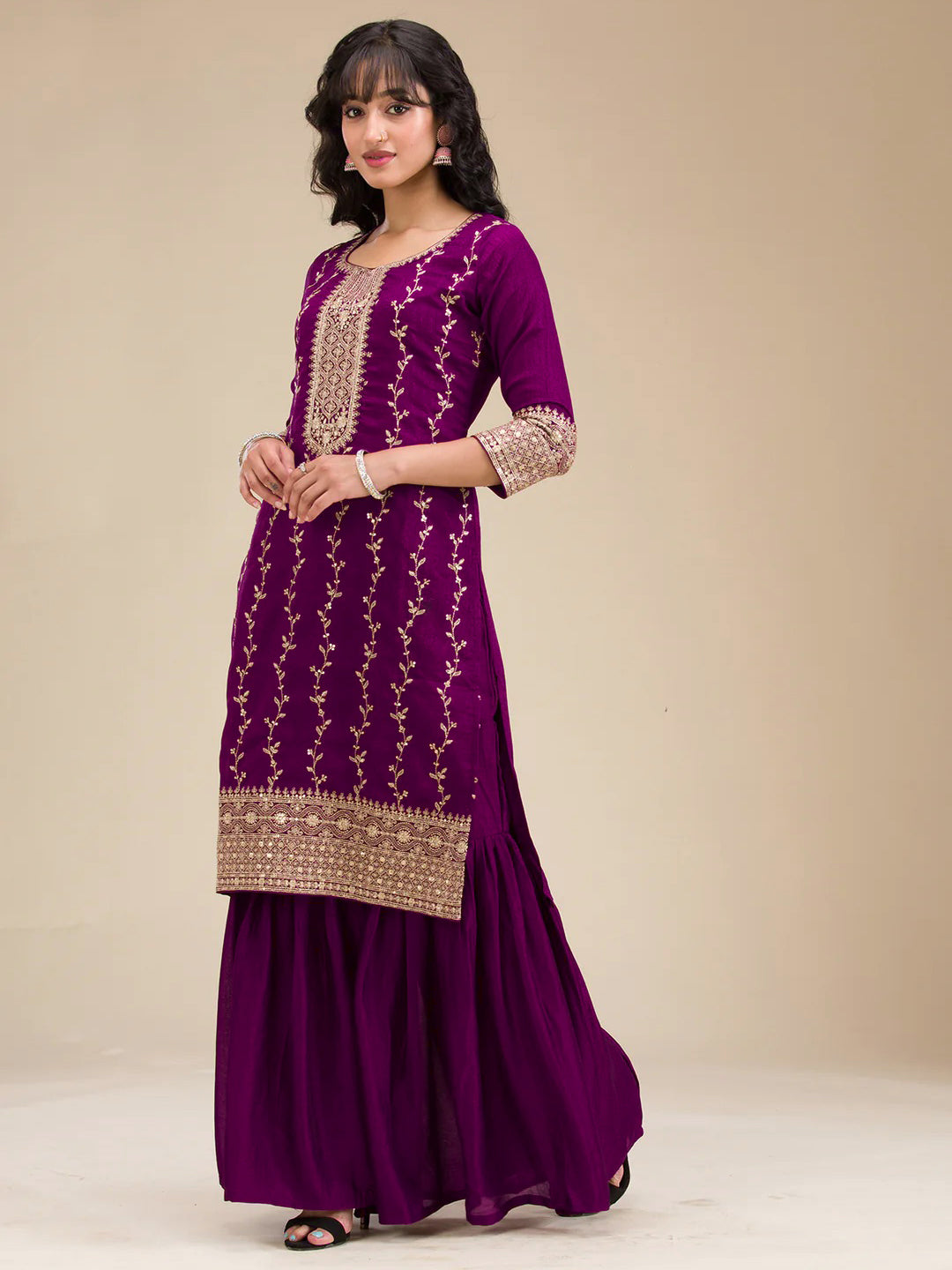 The52 Beautiful Embroidered Vichitra Silk Fabric Straight Kurta, Palazzo and Dupatta Set