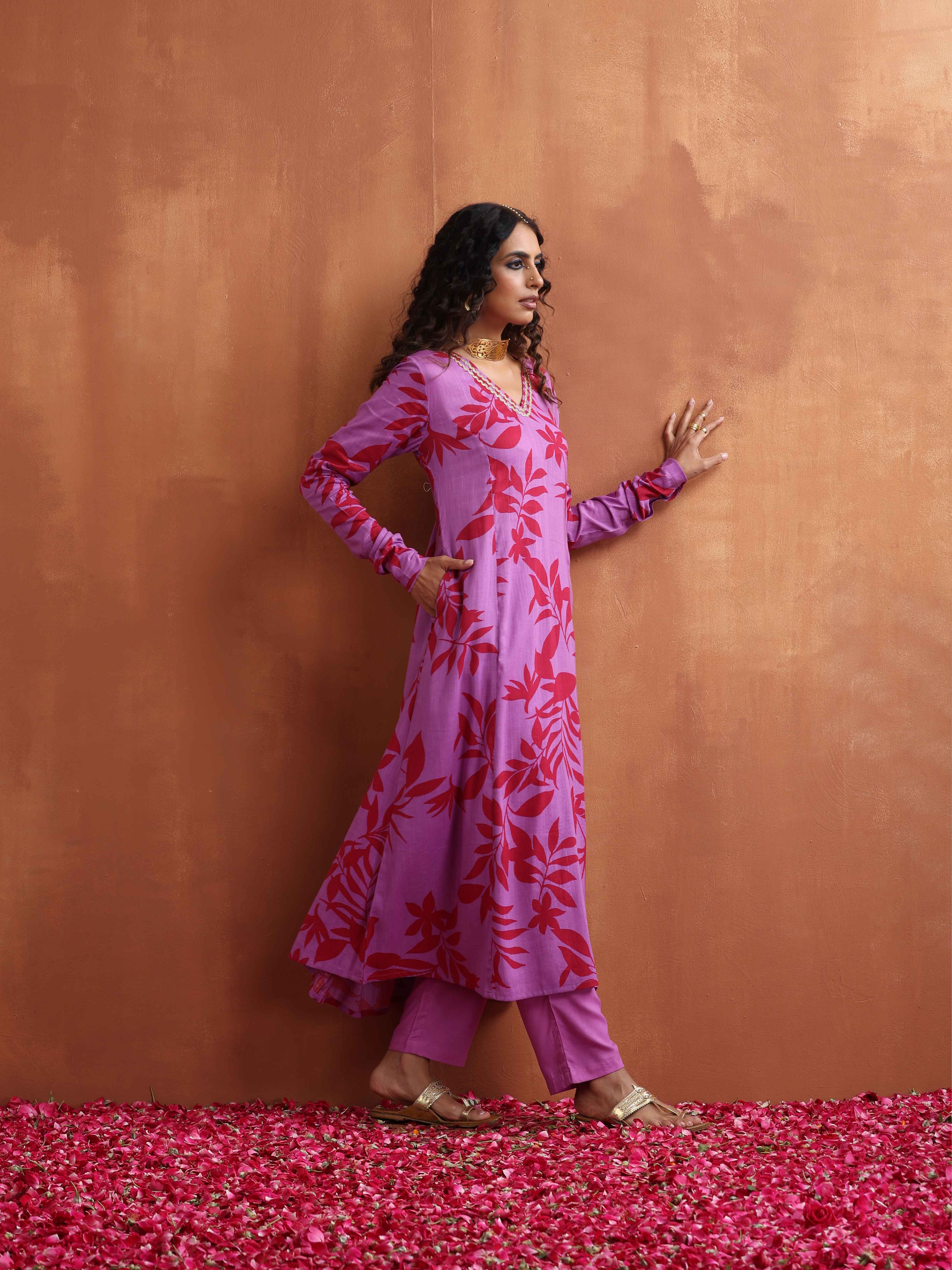 trueBrowns Purple Print A-line Kurta Set - Distacart