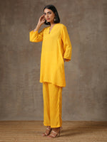 Thumbnail for trueBrowns Yellow Bandhani Flare Printed Silk Co-Ord Set - Distacart