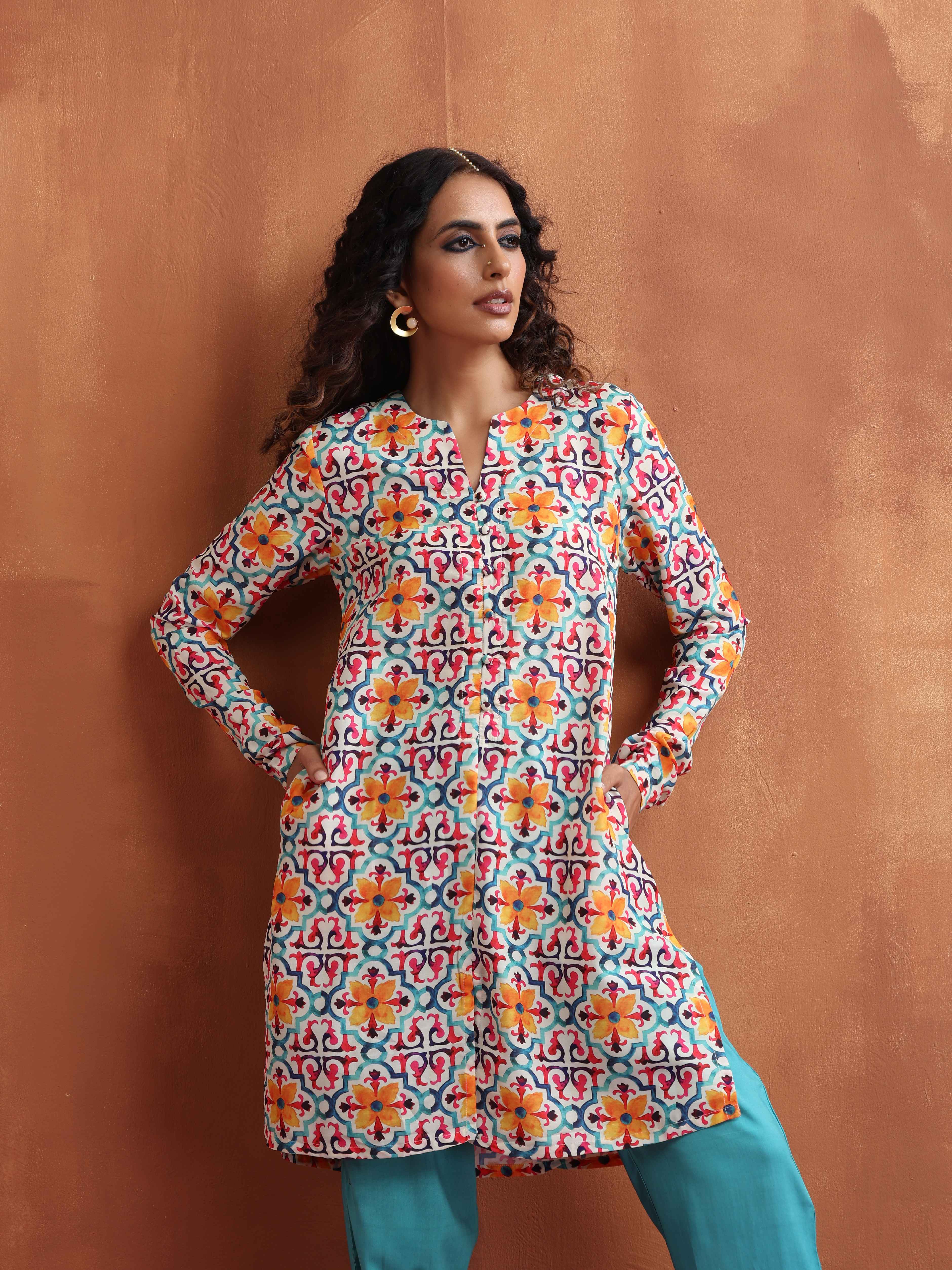 trueBrowns Off White Print Kurta Co-ord Set - Distacart