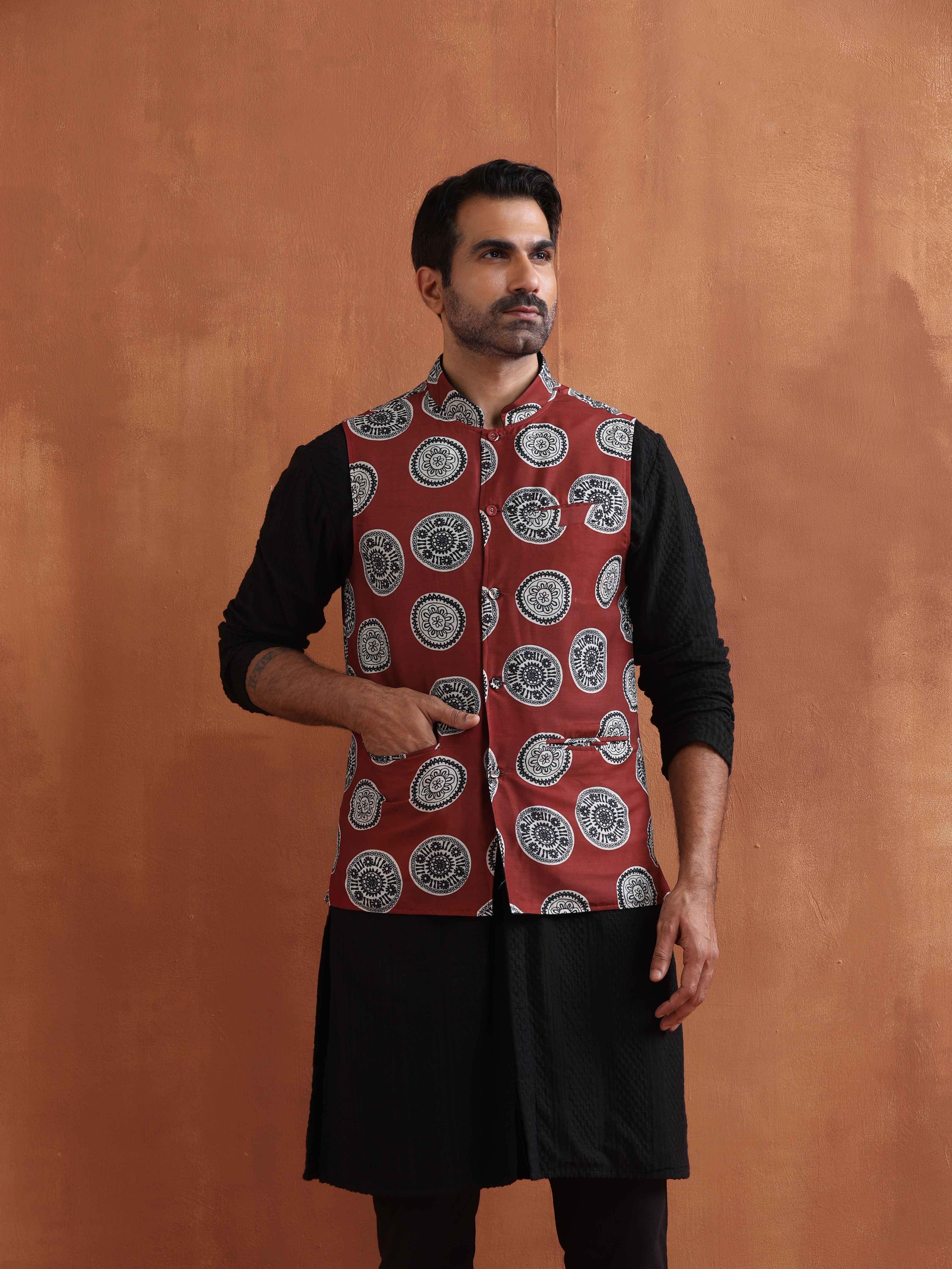 trueBrowns Men's Rust Printed Nehru Jacket - Distacart