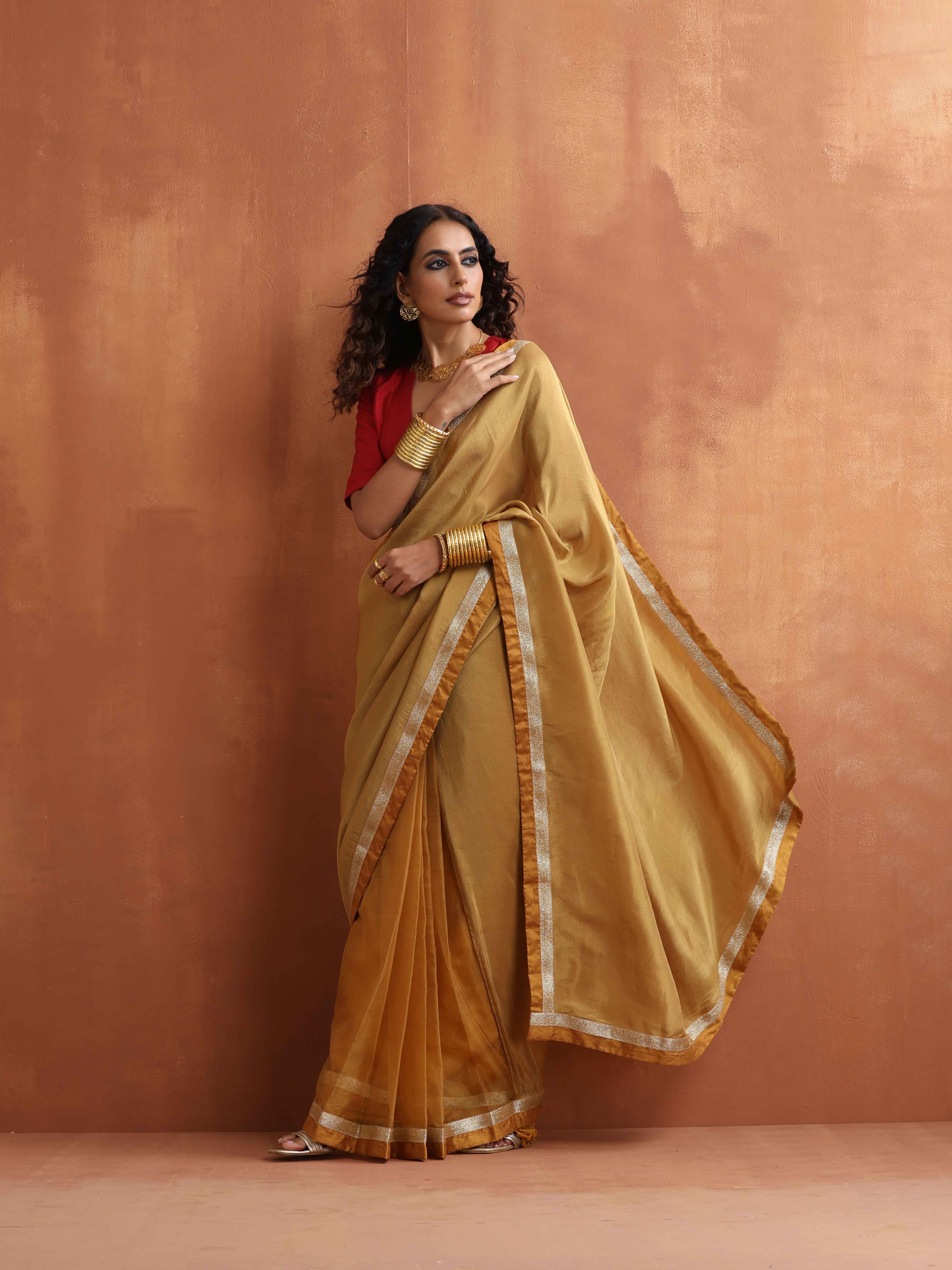 trueBrowns Gold Tissue Ready To Wear Saree - Distacart