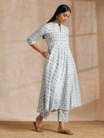 Thumbnail for trueBrowns White With Blue Green Buta Print Cotton Flared Kurta Pant Set - Distacart