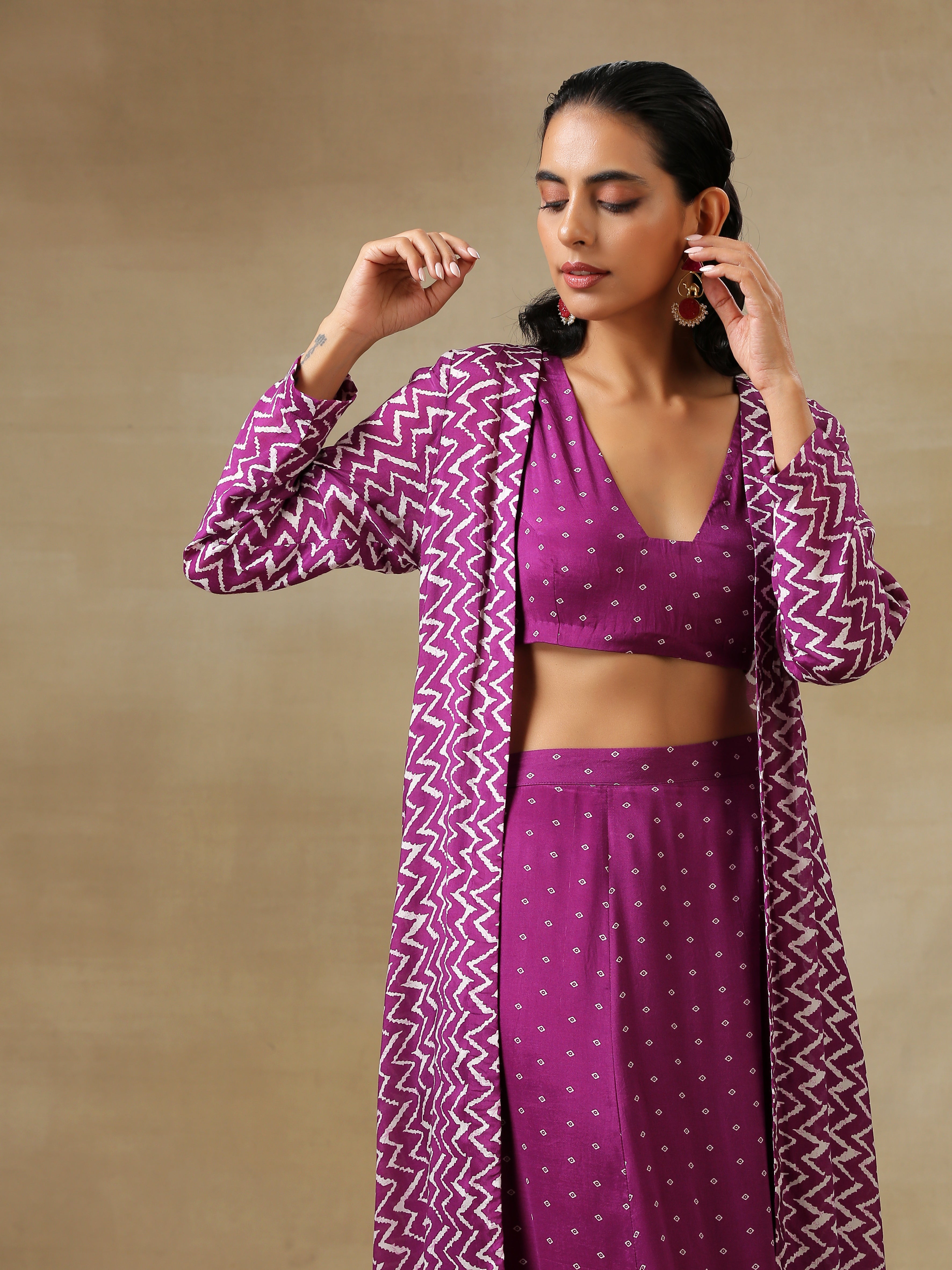 trueBrowns Purple Bandhani Printed Silk Top Skirt Jacket Set - Distacart