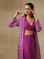 Thumbnail for trueBrowns Purple Bandhani Printed Silk Top Skirt Jacket Set - Distacart