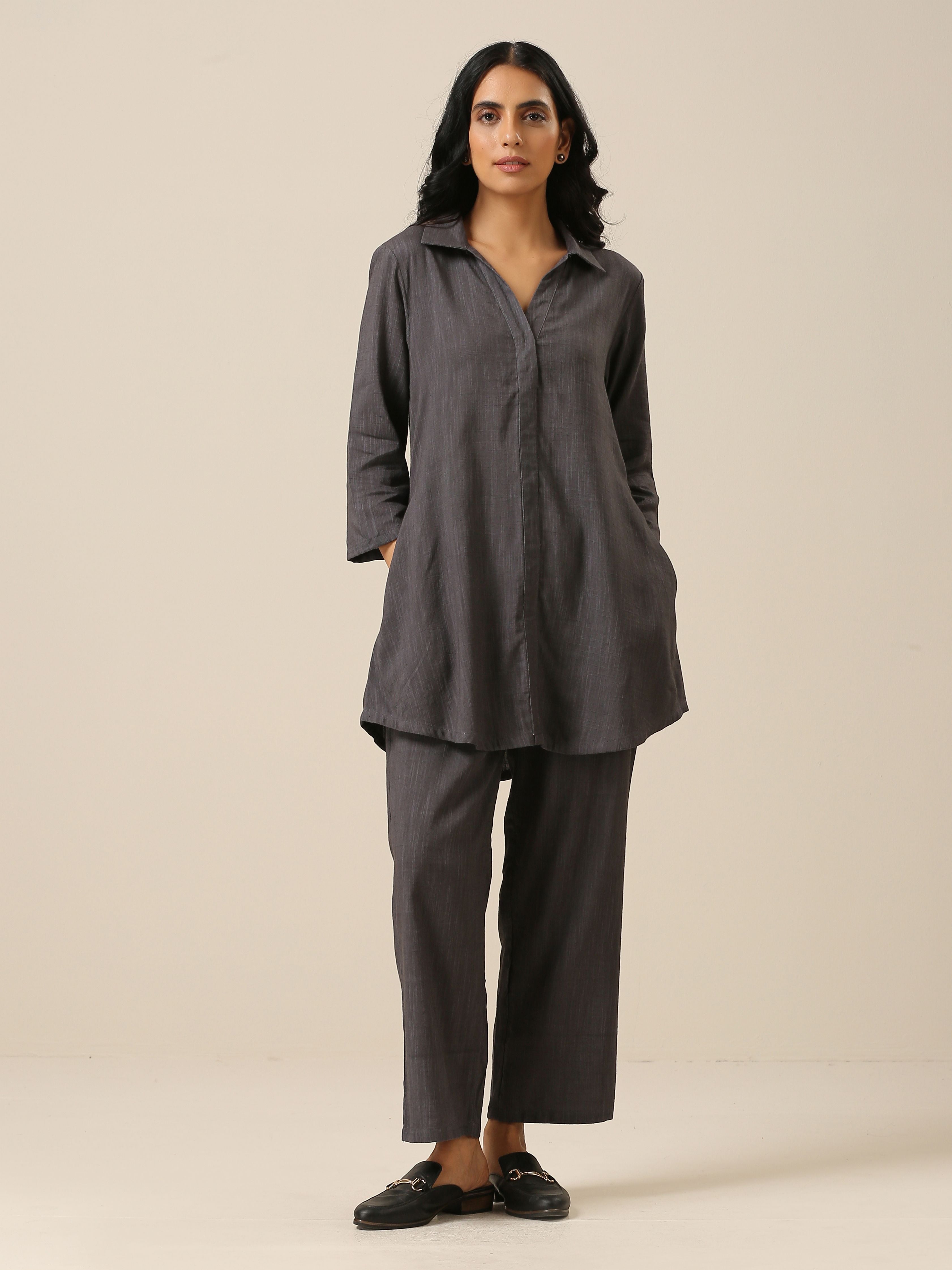 trueBrowns Slate Grey Slub Texture Collar Short Co-Ord Set - Distacart