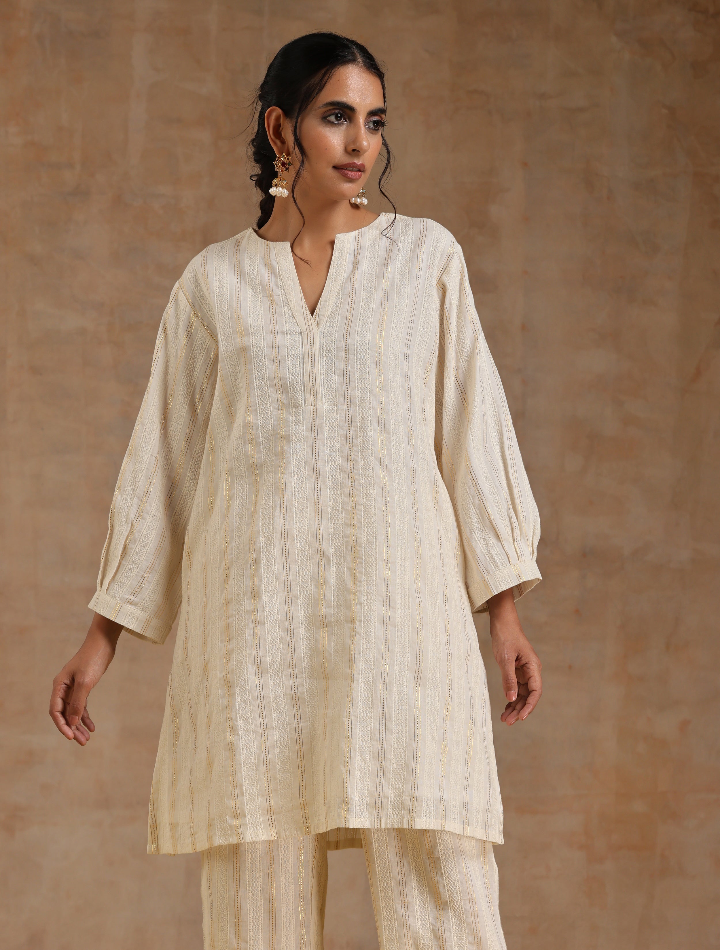 trueBrowns Ivory Gold Cotton Relaxed Co-Ord Set - Distacart