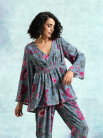 Thumbnail for trueBrowns Grey Printed Velvet Co-Ord Set - Distacart